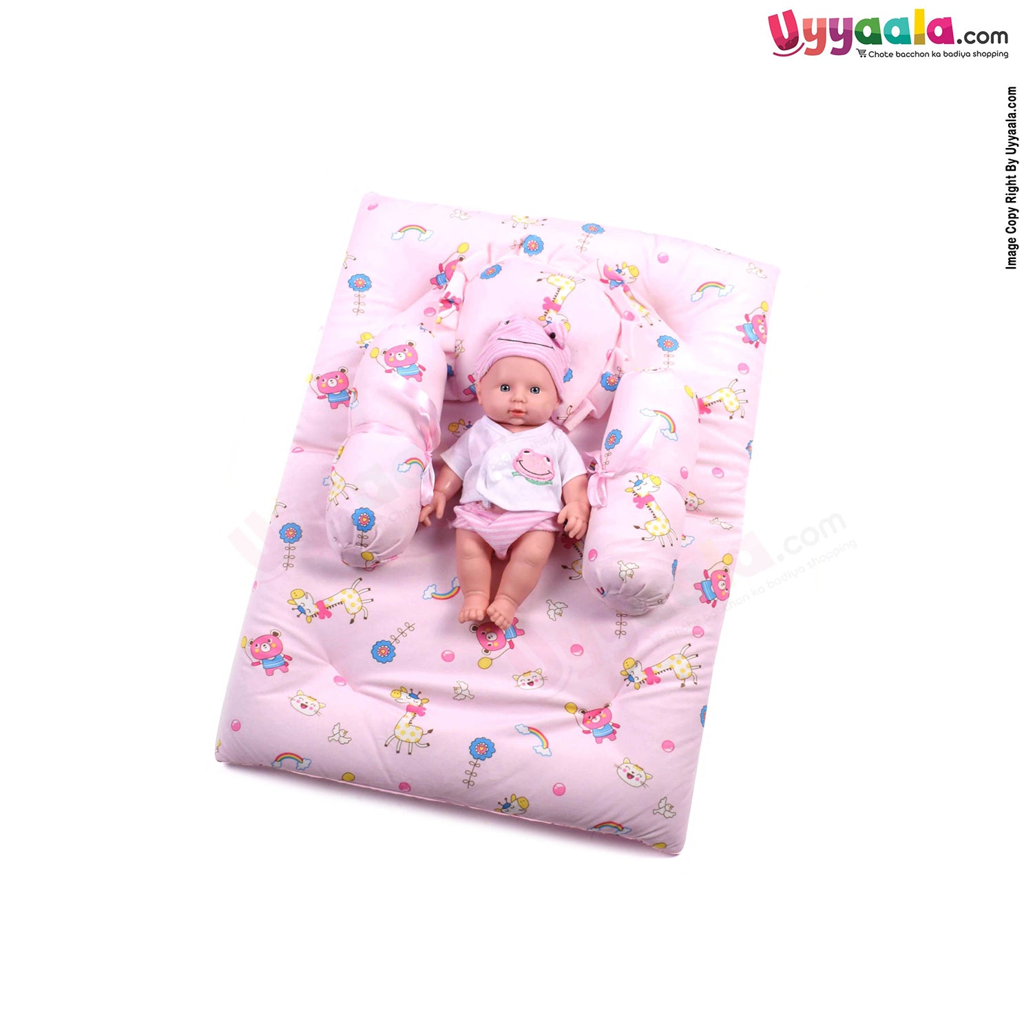 Baby velvet Bedding Set of 4 with Bolster and Pillow, Bear Print 0-6m Age - Pink-uyyala-com.myshopify.com-Bedding-Happy Babies