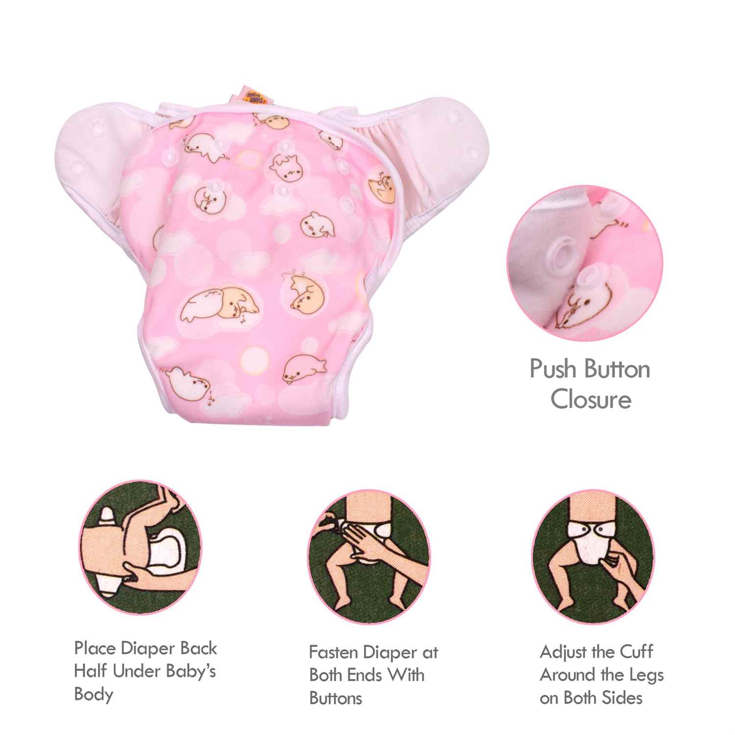 PAW PAW Baby Reusable Fabric Diaper with Pad, Size S (3-6kg)-Pink