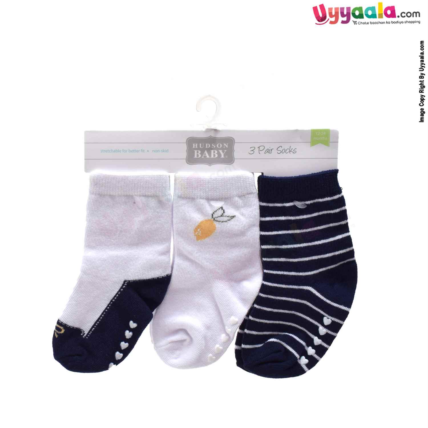 HUDSON BABY Stretchable & Non Skid Socks 3p Set with Multi Print, 12-24 m Age- Navy Blue & White