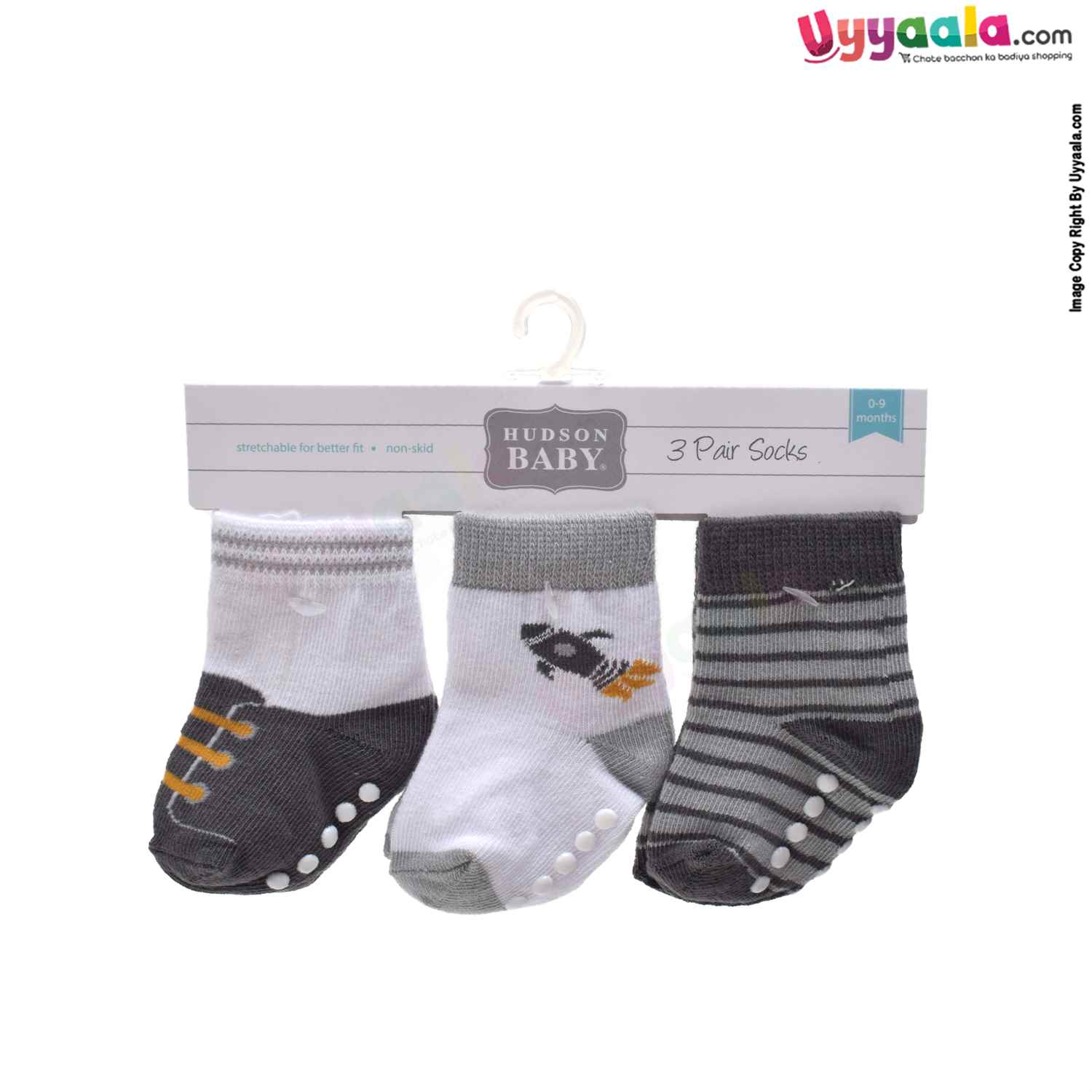 HUDSON BABY Stretchable & Non Skid Socks 3p Set with Multi Print,0-9m Age- Grey & White