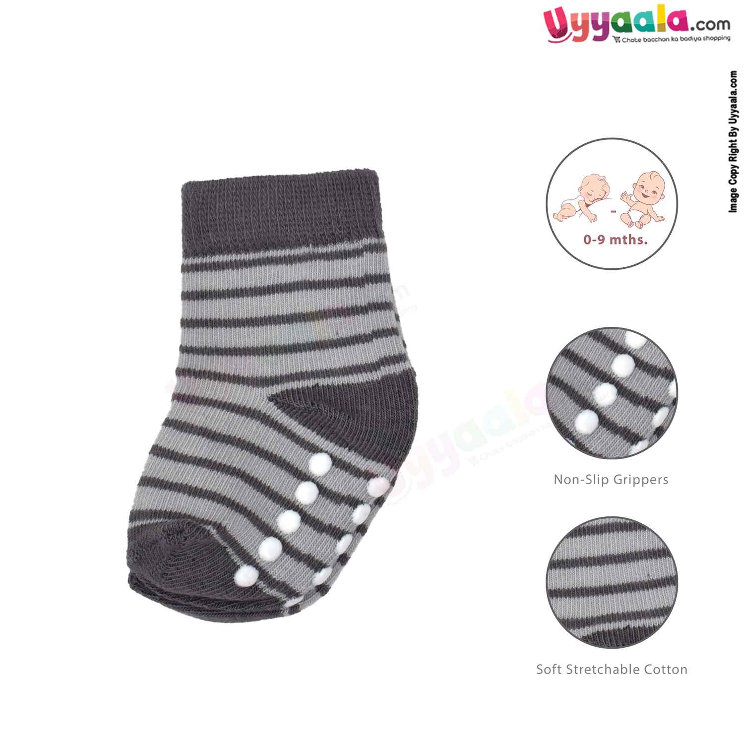 HUDSON BABY Stretchable & Non Skid Socks 3p Set with Multi Print,0-9m Age- Grey & White
