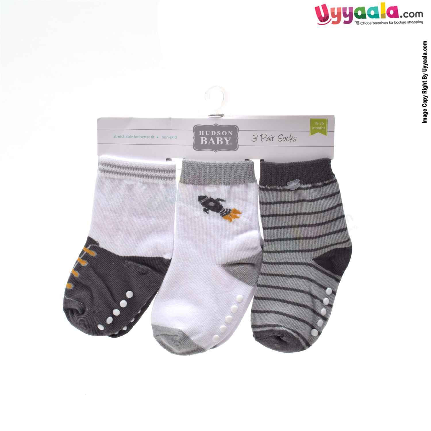 HUDSON BABY Stretchable & Non Skid Socks 3p Set with Multi Print,18-36m Age- Multi Color