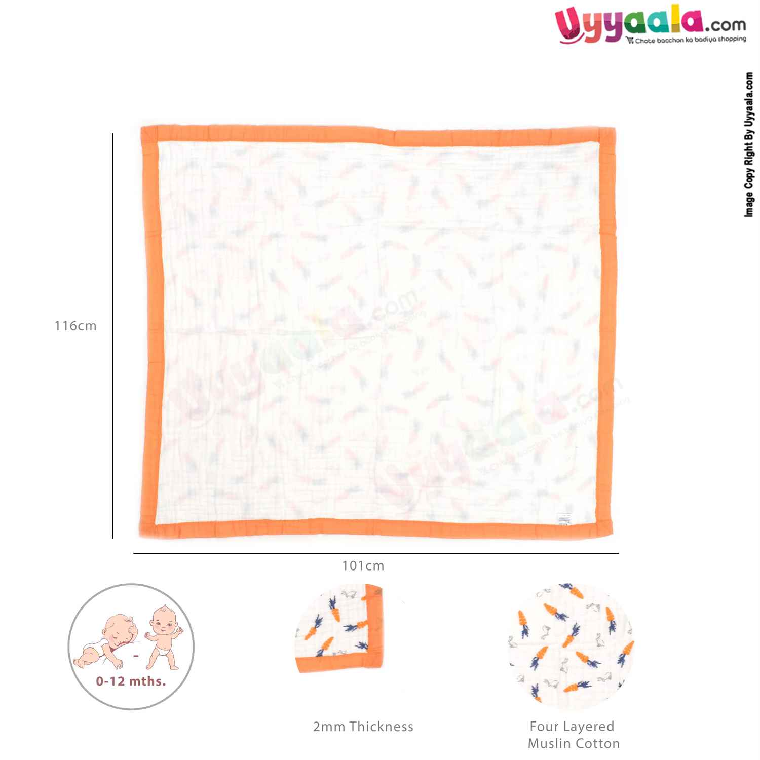 Four Layer Muslin Cotton Wrapper with Border , Rabbit & Carrot Print for Babies 0+m Age ,Size (116*101cm)-White