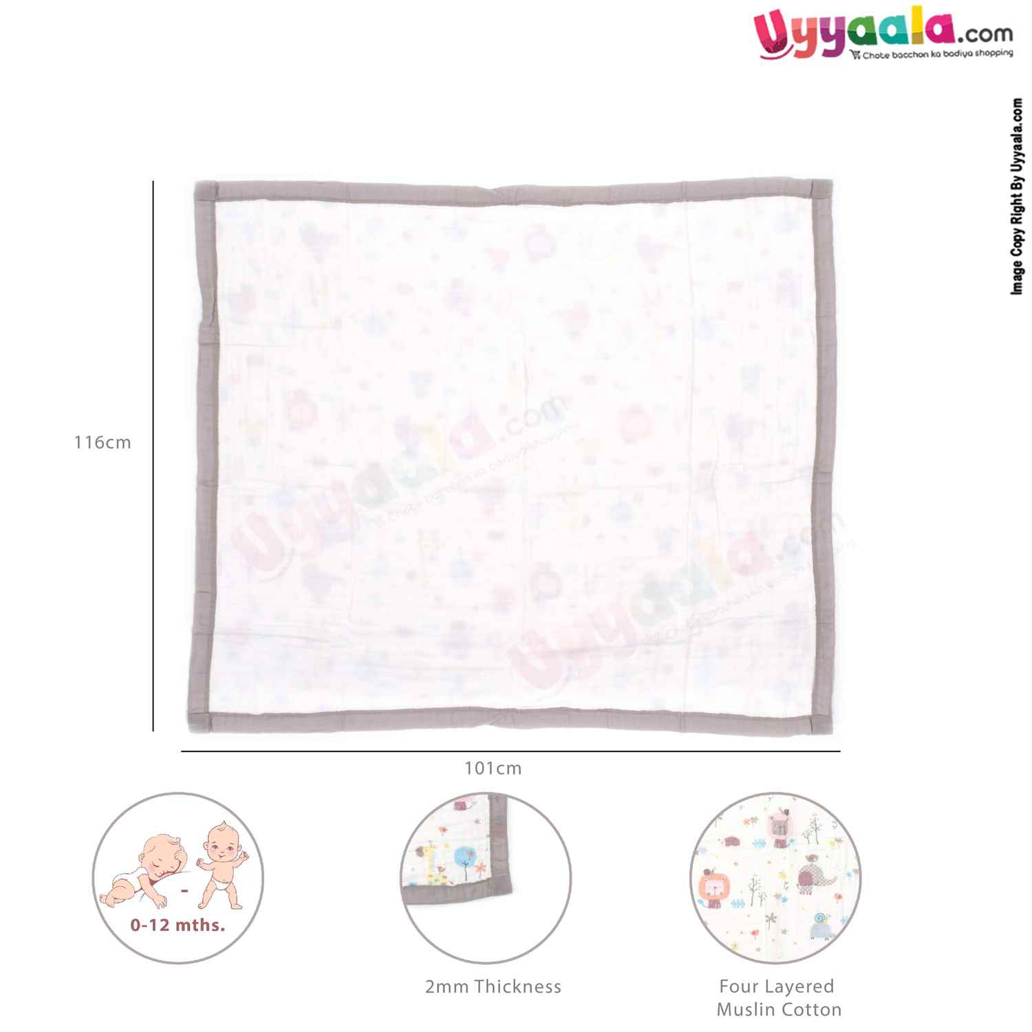 Four Layered Muslin Wrapper with Border , Giraffe & Snail Print 0+m Age, Size(116*103cm)-White