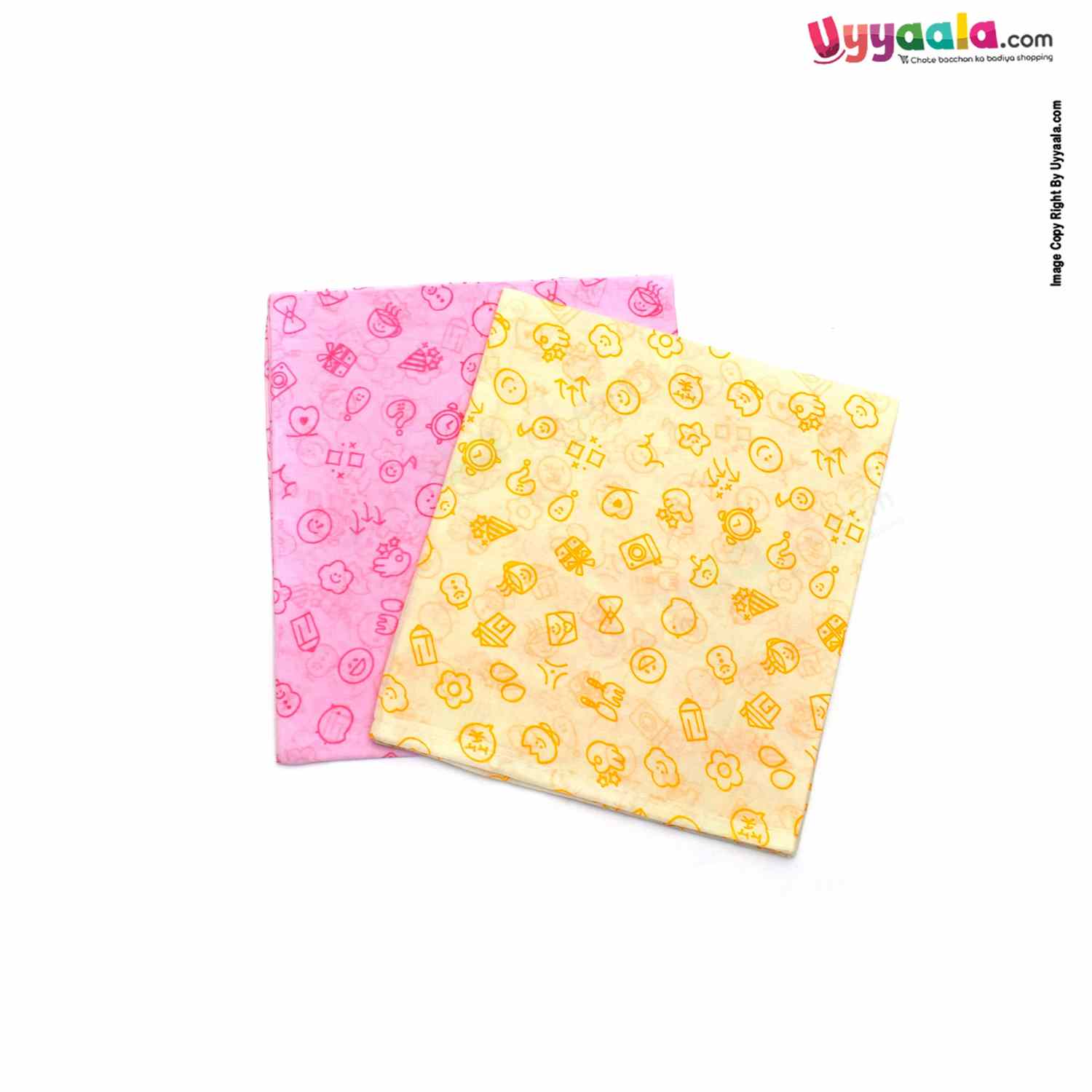Cotton Wrapper Muslin Cloth With Smiley & Star Print Pack of 2, 0+m Age, Yellow & Pink