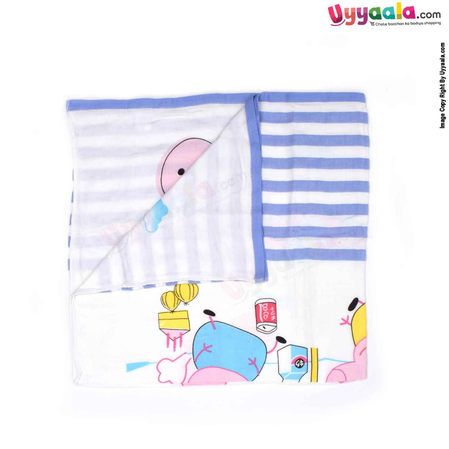 Double Layered Muslin Wrapper with Peppa Pig Print for Babies 0+m Age, Size (113*105cm)-White & Blue
