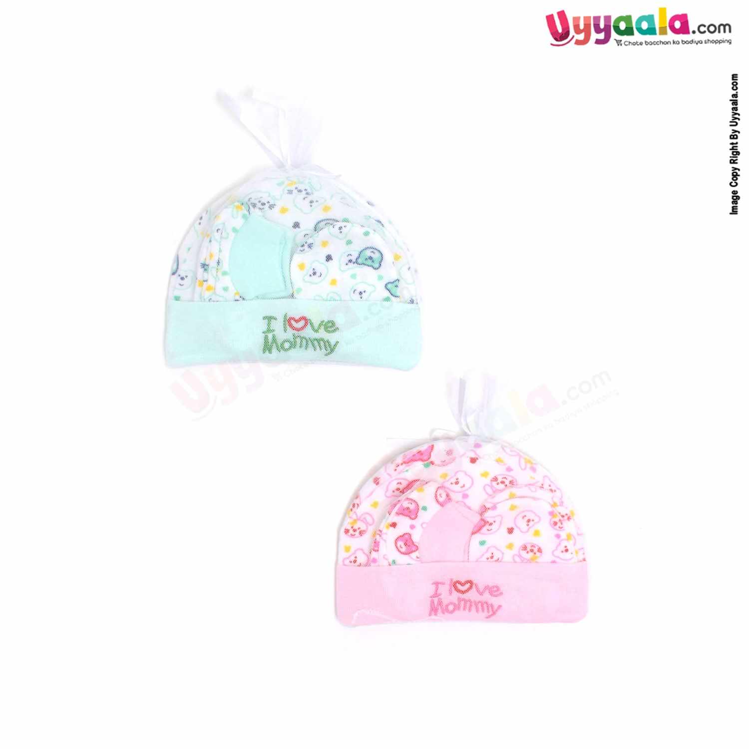 MONTALY Premium Quality Soft Hosiery Cotton Mitten, Booty & Cap Set for Babies with Bear Print Pack of 2 ,0-3m Age- Green & Pink
