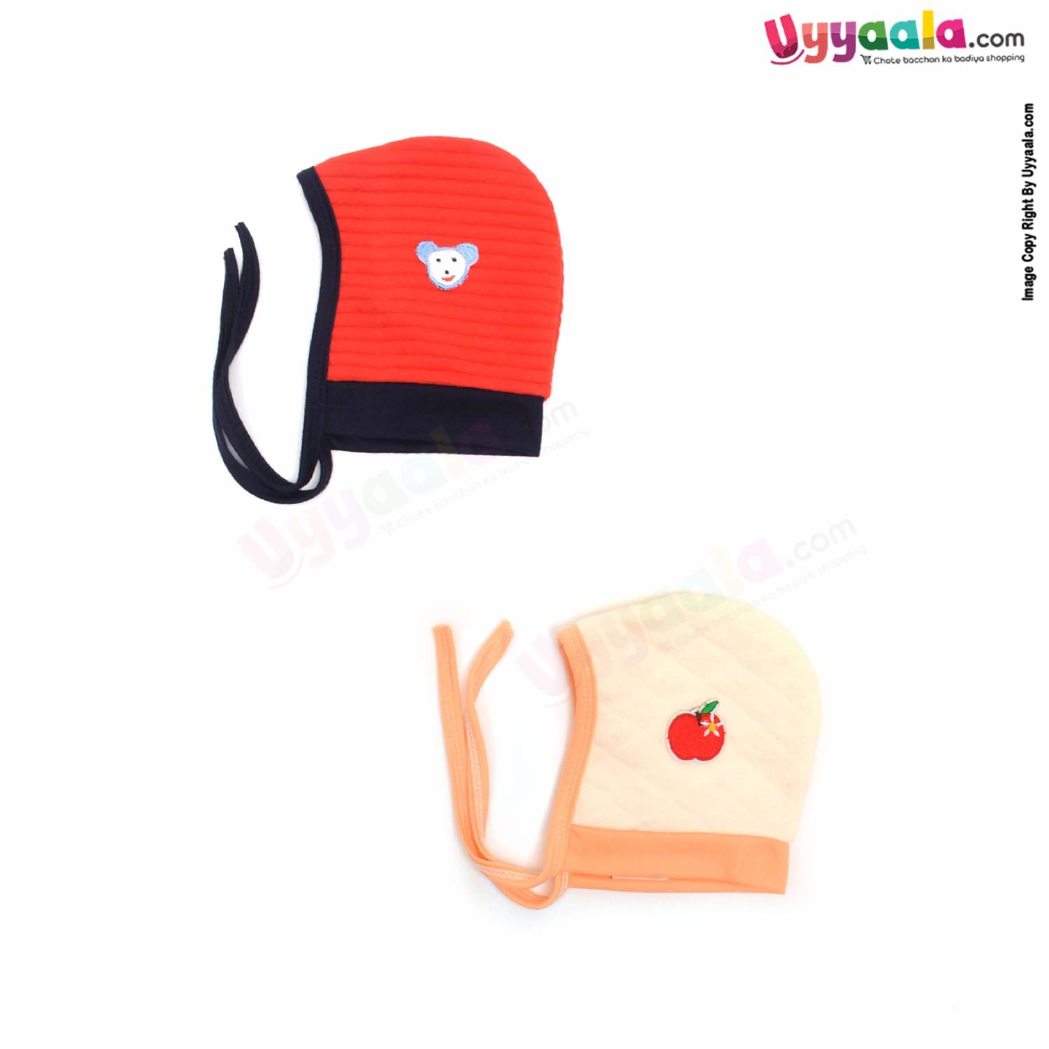 Side Tying Soft Hosiery Cotton Caps for Babies with Bear, Apple Patch Pack of 2, 0-6m age- Red & Cream