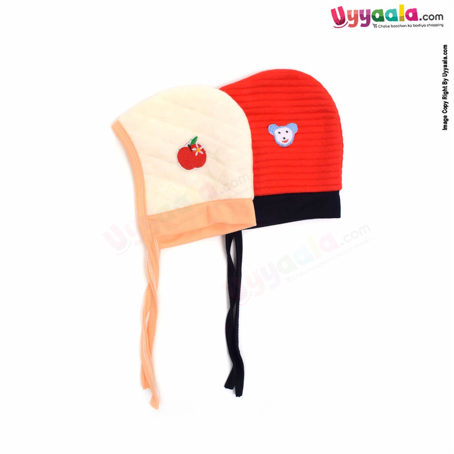 Side Tying Soft Hosiery Cotton Caps for Babies with Bear, Apple Patch Pack of 2, 0-6m age- Red & Cream