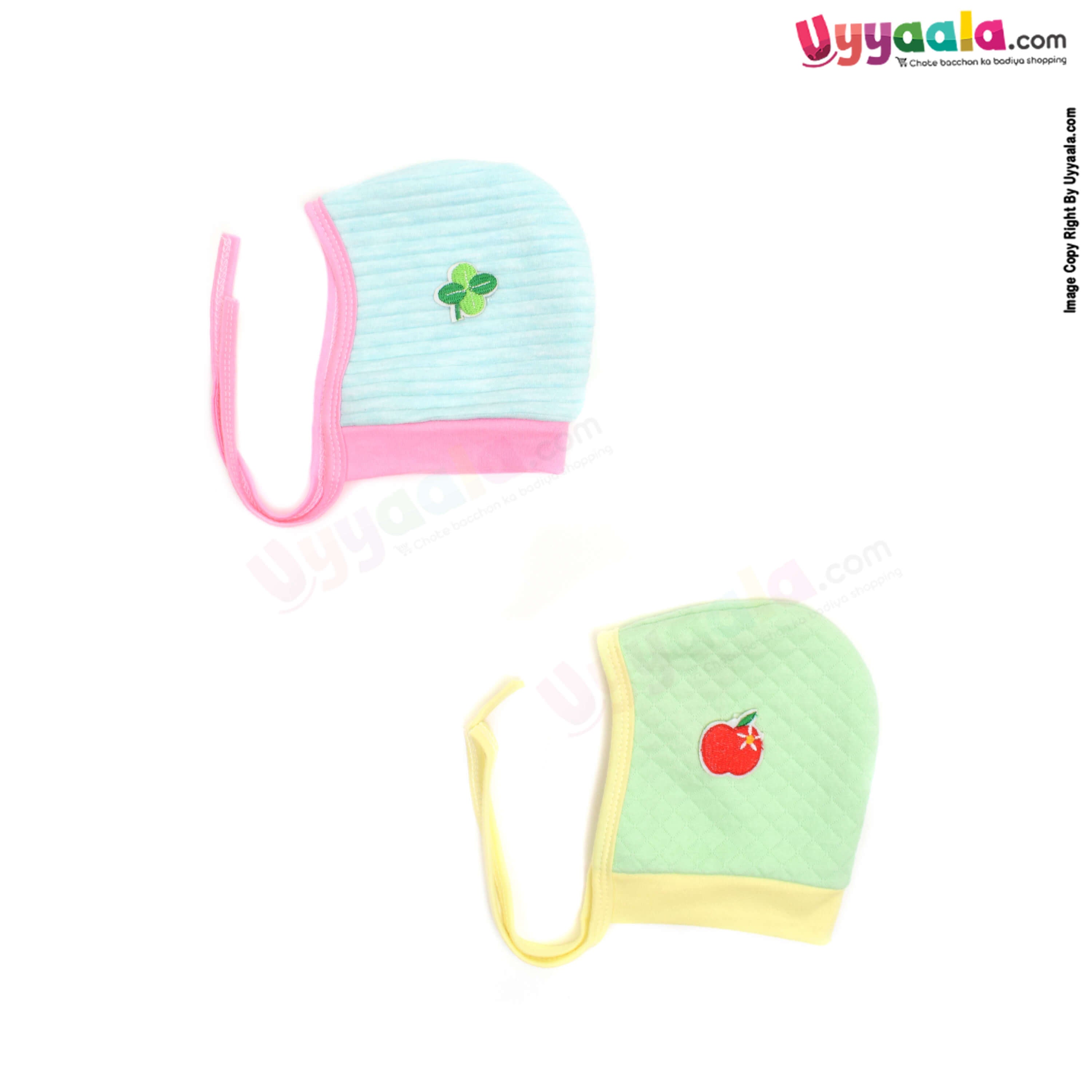 Side Tying Soft Hosiery Cotton Caps for Babies with Apple, Flower Patch Pack of 2, 0-6m age- Light Green & Sky Blue
