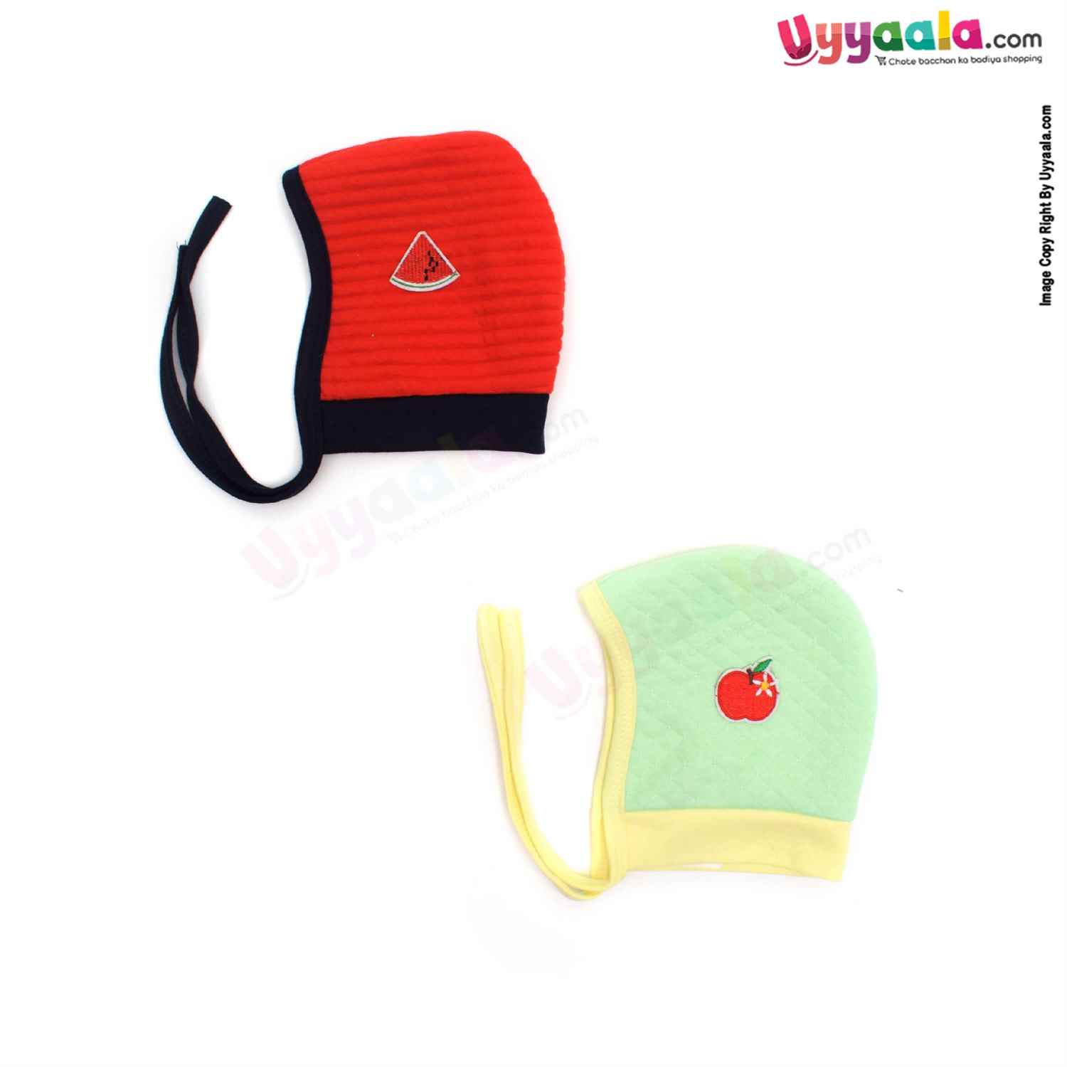 Side Tying Soft Hosiery Cotton Caps for Babies with Apple, Watermelon Patch Pack of 2, 0-6m age- Light Green & Red
