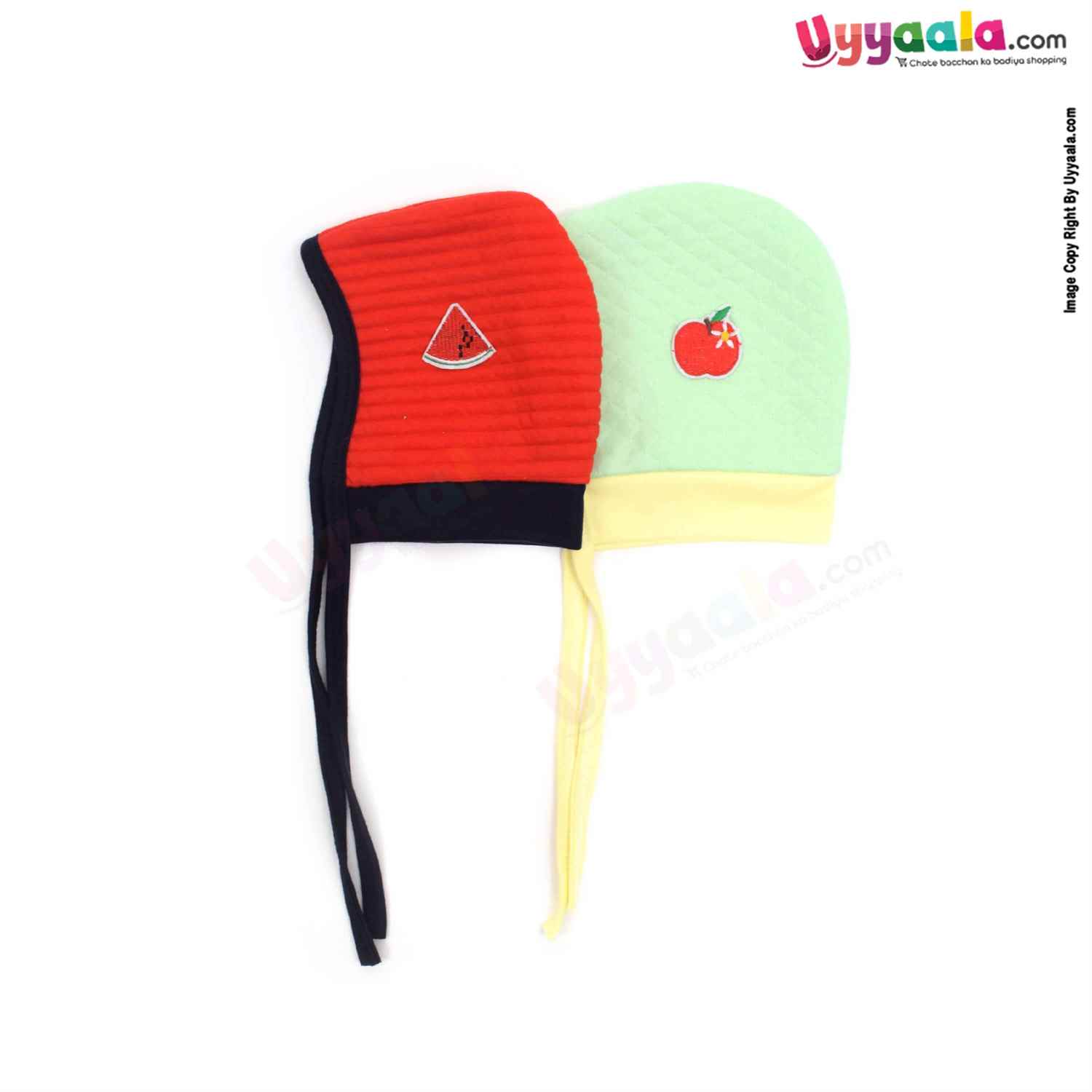 Side Tying Soft Hosiery Cotton Caps for Babies with Apple, Watermelon Patch Pack of 2, 0-6m age- Light Green & Red
