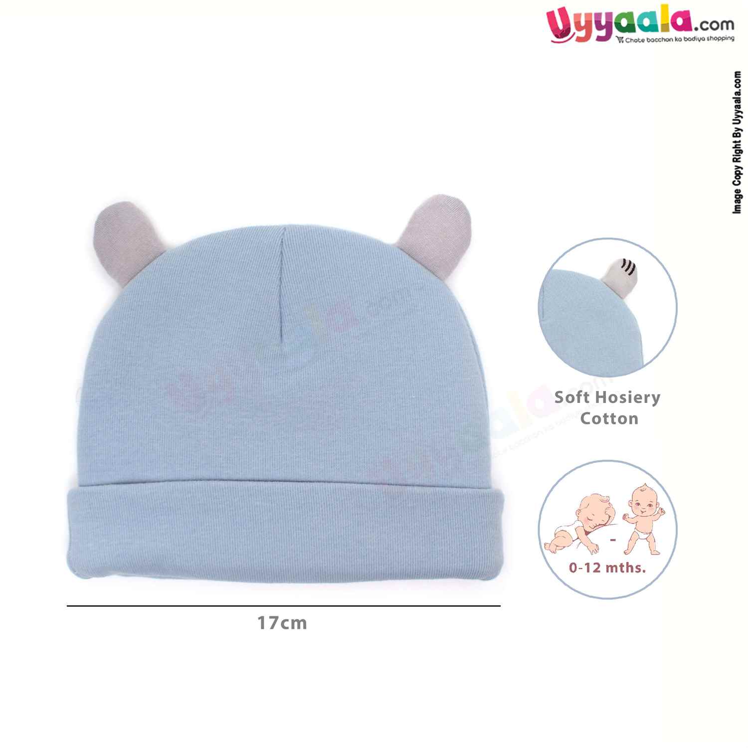 Fancy Round Cap for Babies with Stretchable Soft Hosiery Material, Bee Patch,0-12m Age - Blue