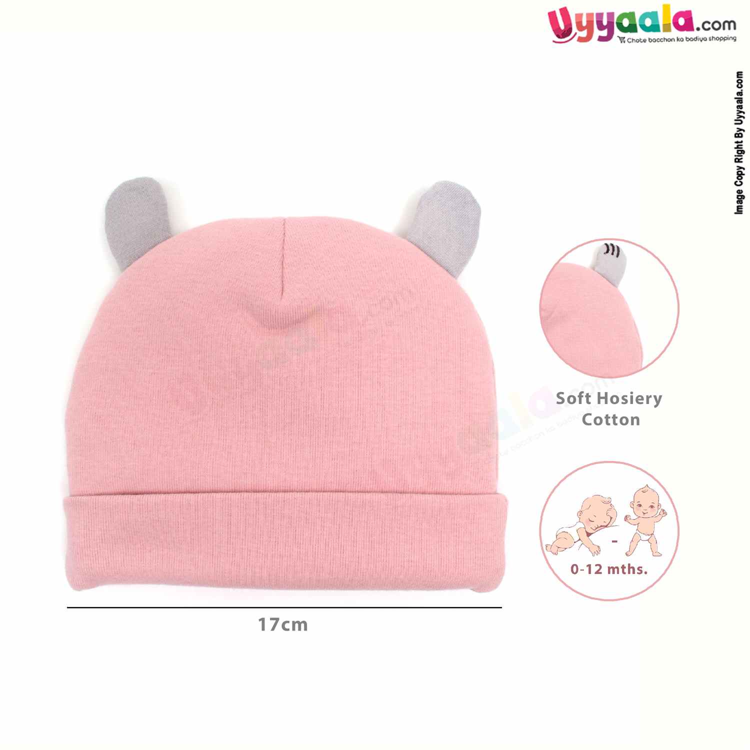 Fancy Round Cap for Babies with Stretchable Soft Hosiery Material, Panda Patch 0-12m Age- Peach