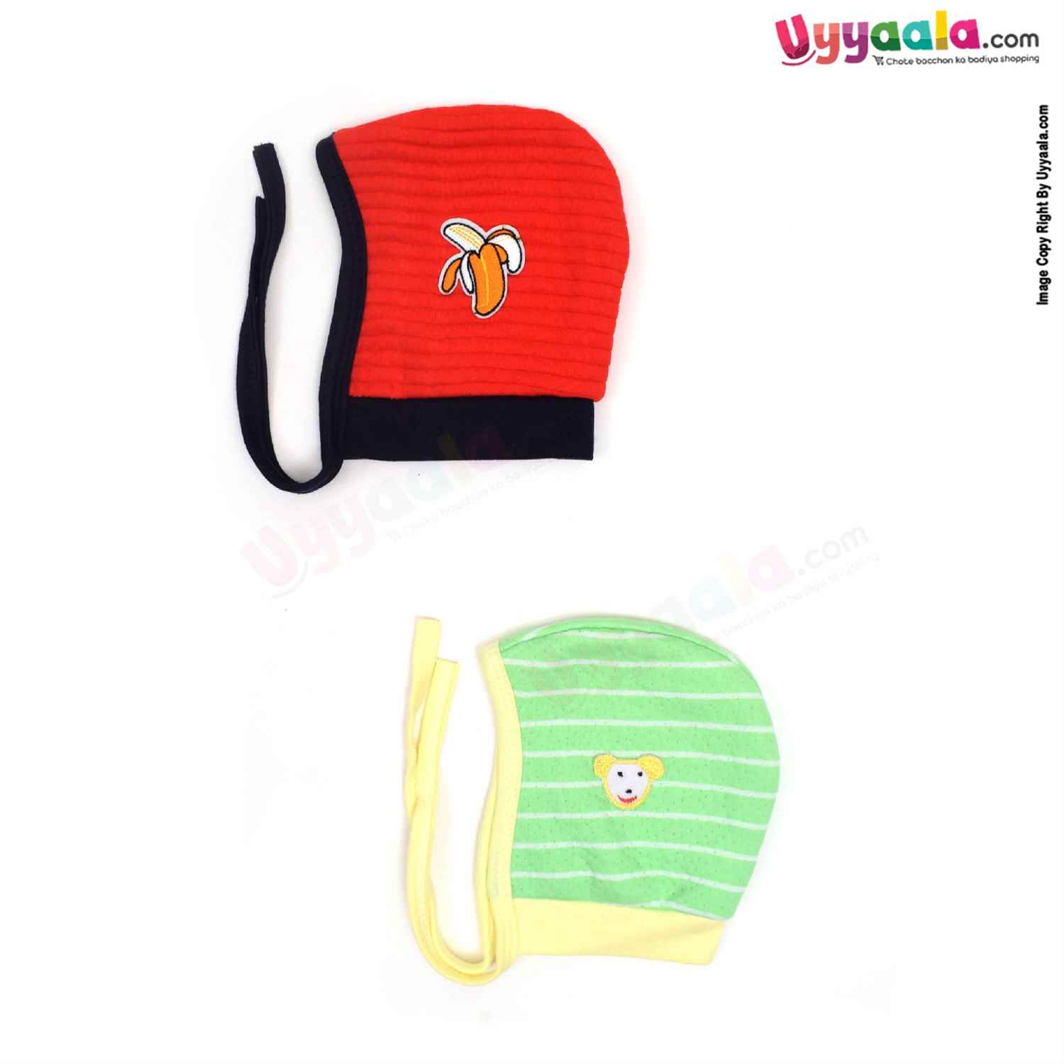 Side Tying Soft Hosiery Cotton Caps for Babies with Banana, Bear Patch Pack of 2,0-6m Age - Red & Green