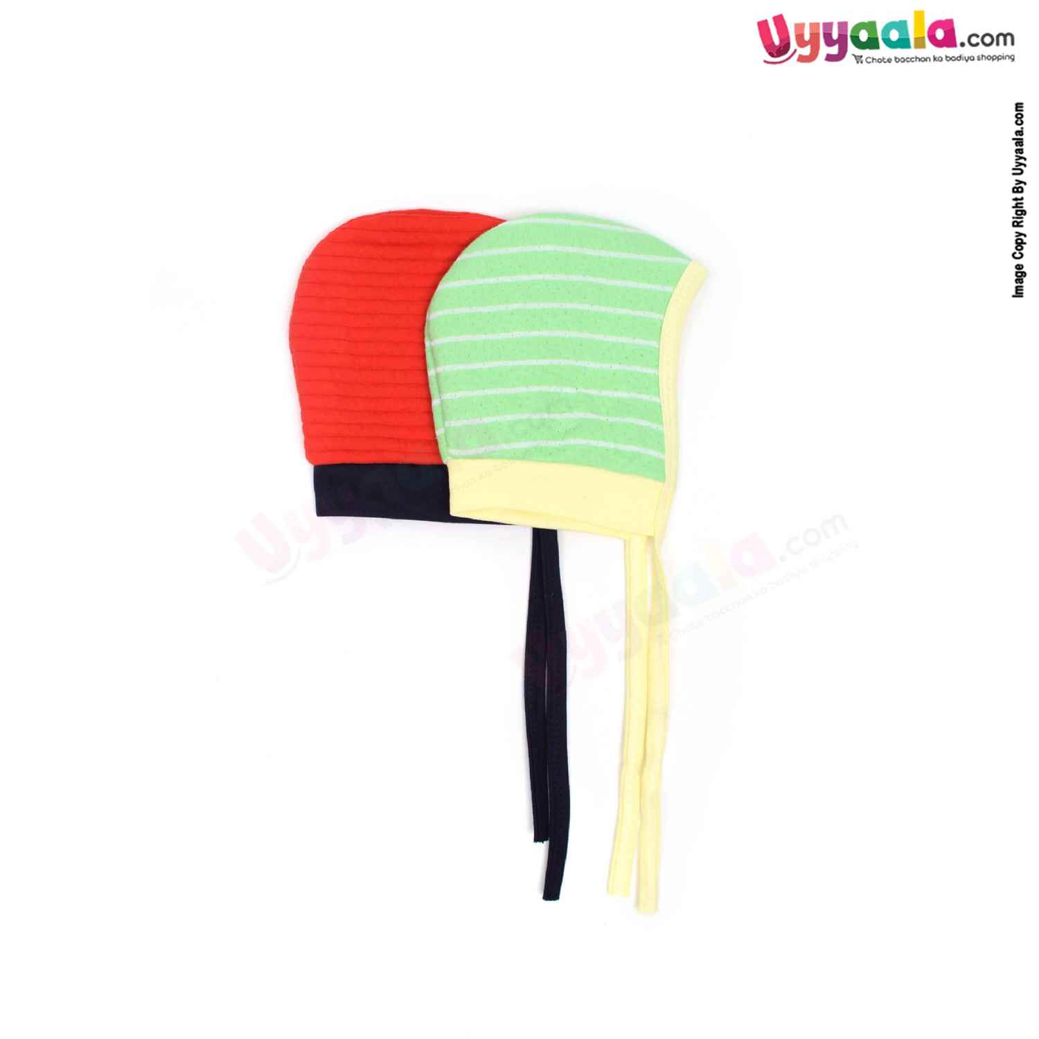 Side Tying Soft Hosiery Cotton Caps for Babies with Banana, Bear Patch Pack of 2,0-6m Age - Red & Green