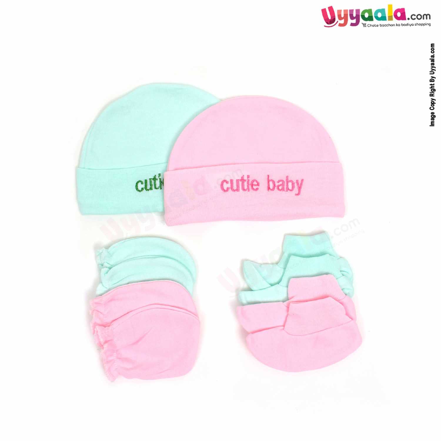 MONTALY Premium Quality Soft Hosiery Cotton Mitten, Booty & Cap Set for Babies Pack of 2 ,0-3m Age- Green & Pink