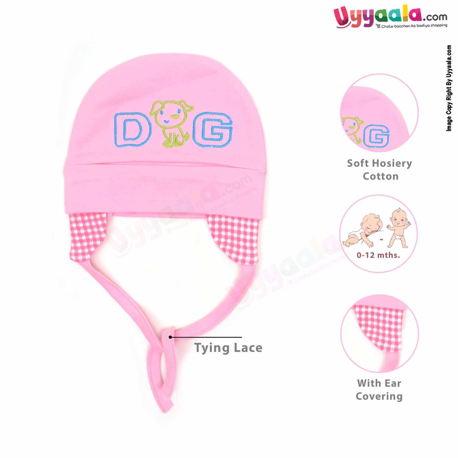 KOOCHIE KOO Fancy Round Cap Tying Model for Babies with Dog Print Pack of 2, 0-12m Age - Pink & Sky Blue