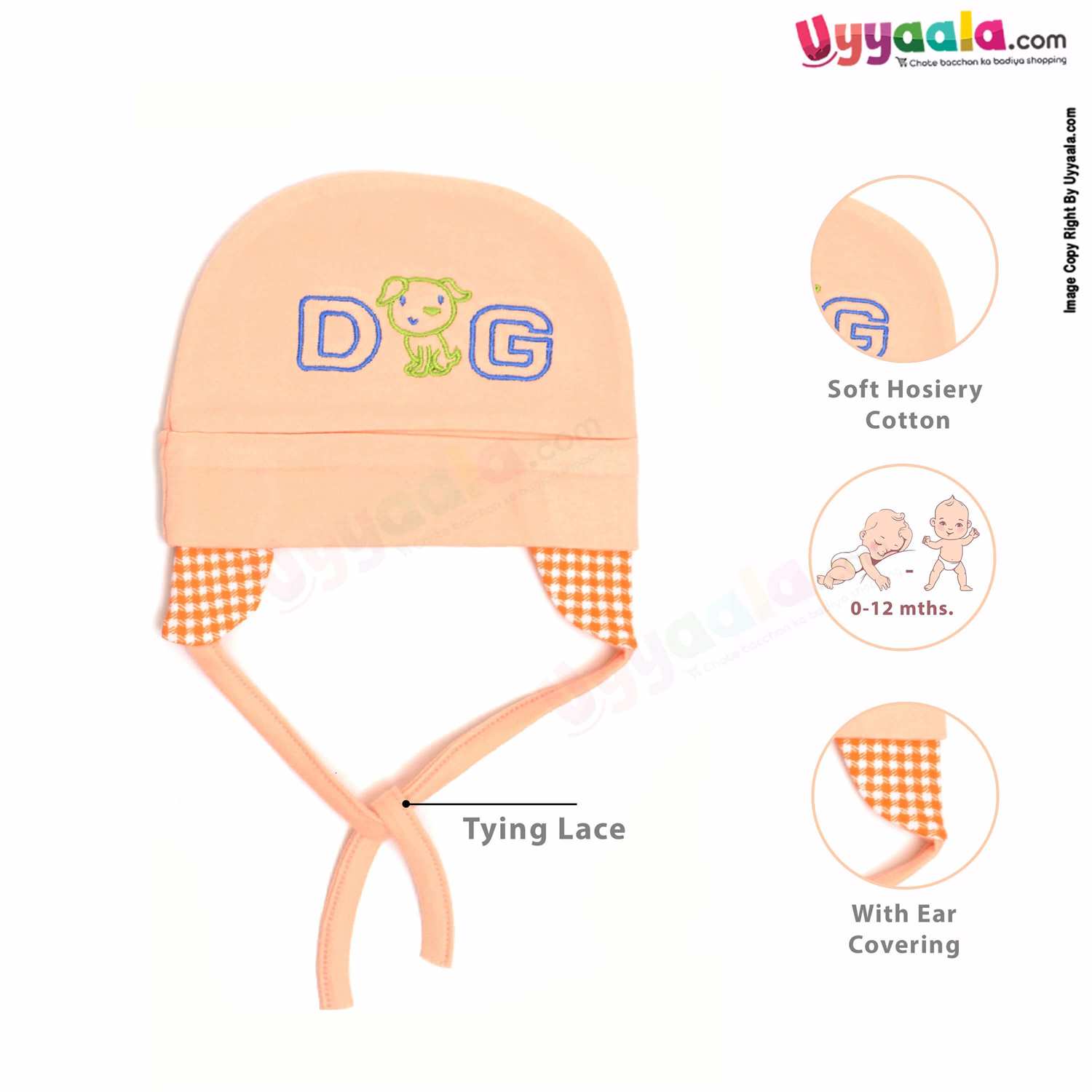 KOOCHIE KOO Fancy Round Cap Tying Model for Babies with Dog Print Pack 2, 0-12 m Age -Orange & Sky Blue