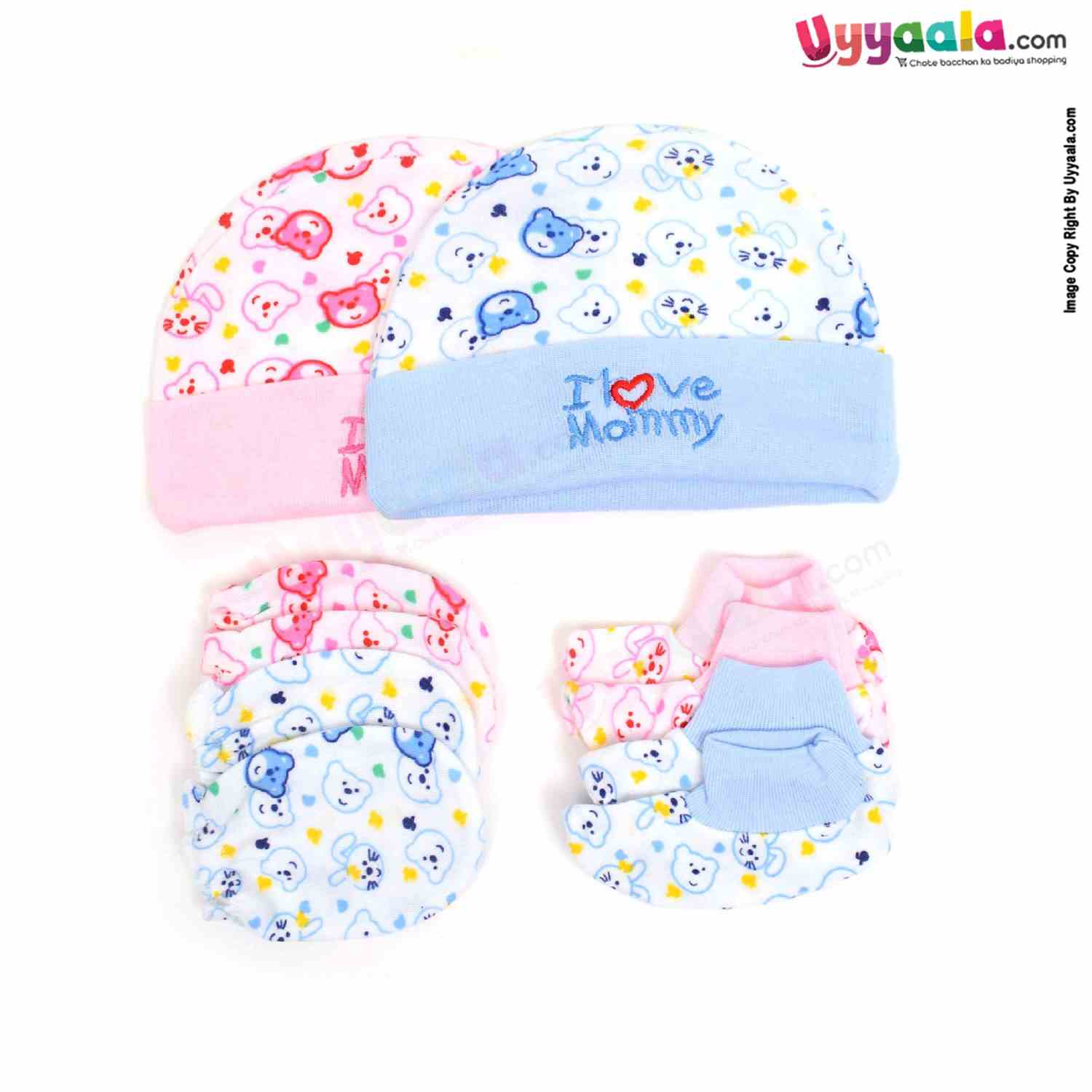 MONTALY Premium Quality Soft Hosiery Cotton Mitten, Booty & Cap Set for Babies with Bear Print Pack of 2 ,0-3m Age- Blue & Pink