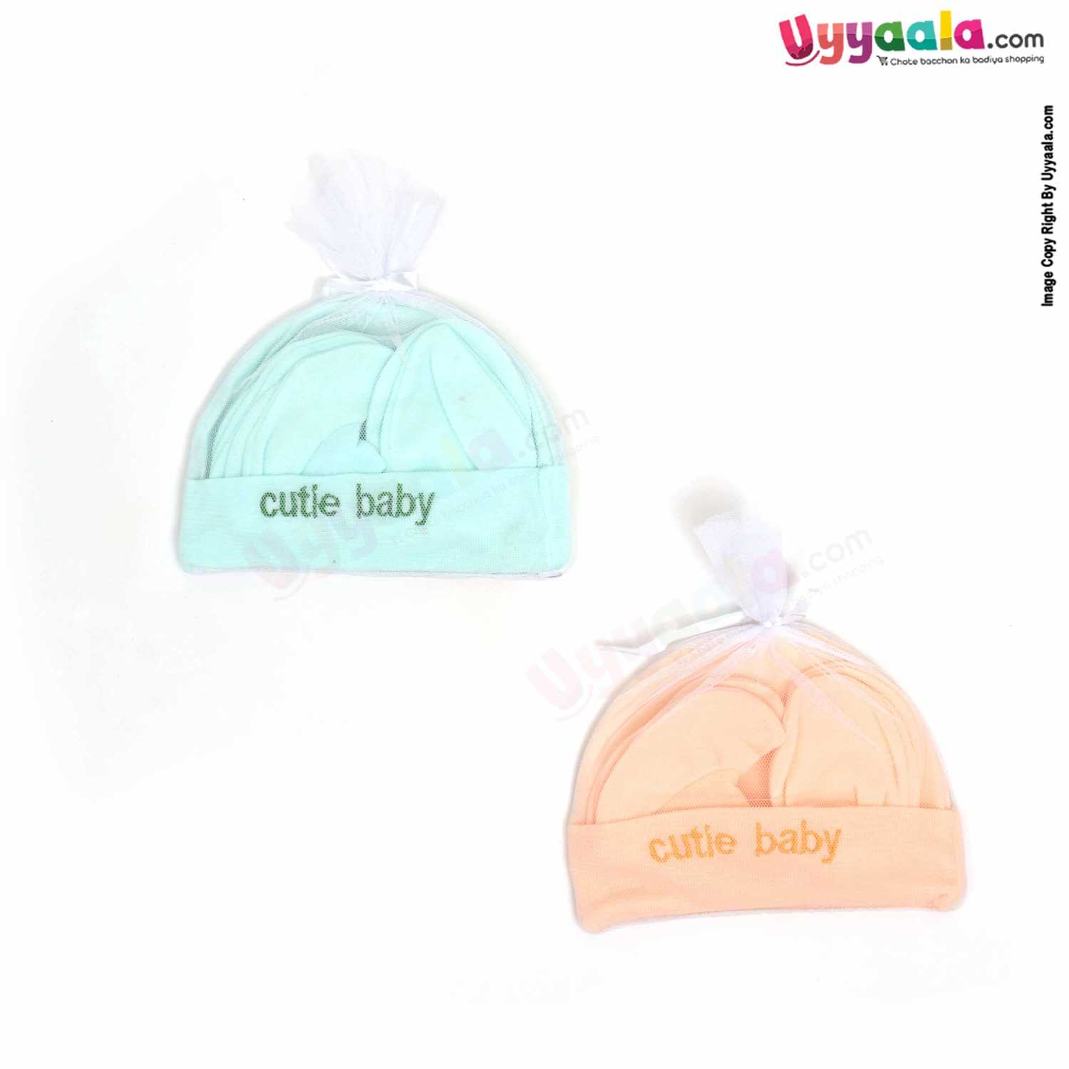 MONTALY Premium Quality Soft Hosiery Cotton Mitten, Booty & Cap Set for Babies Pack of 2 ,0-3m Age- Green & Orange