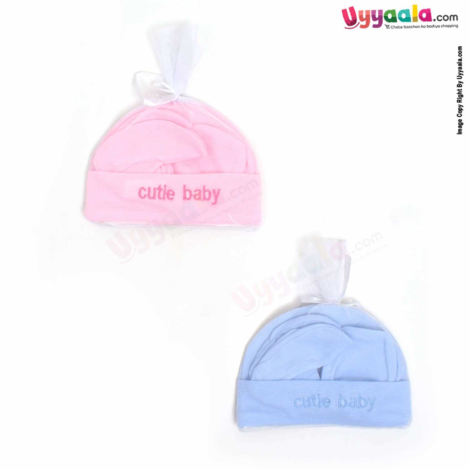 MONTALY Premium Quality Soft Hosiery Cotton Mitten, Booty & Cap Set for Babies with Bear Print Pack of 2 ,0-3m Age- Blue & Pink