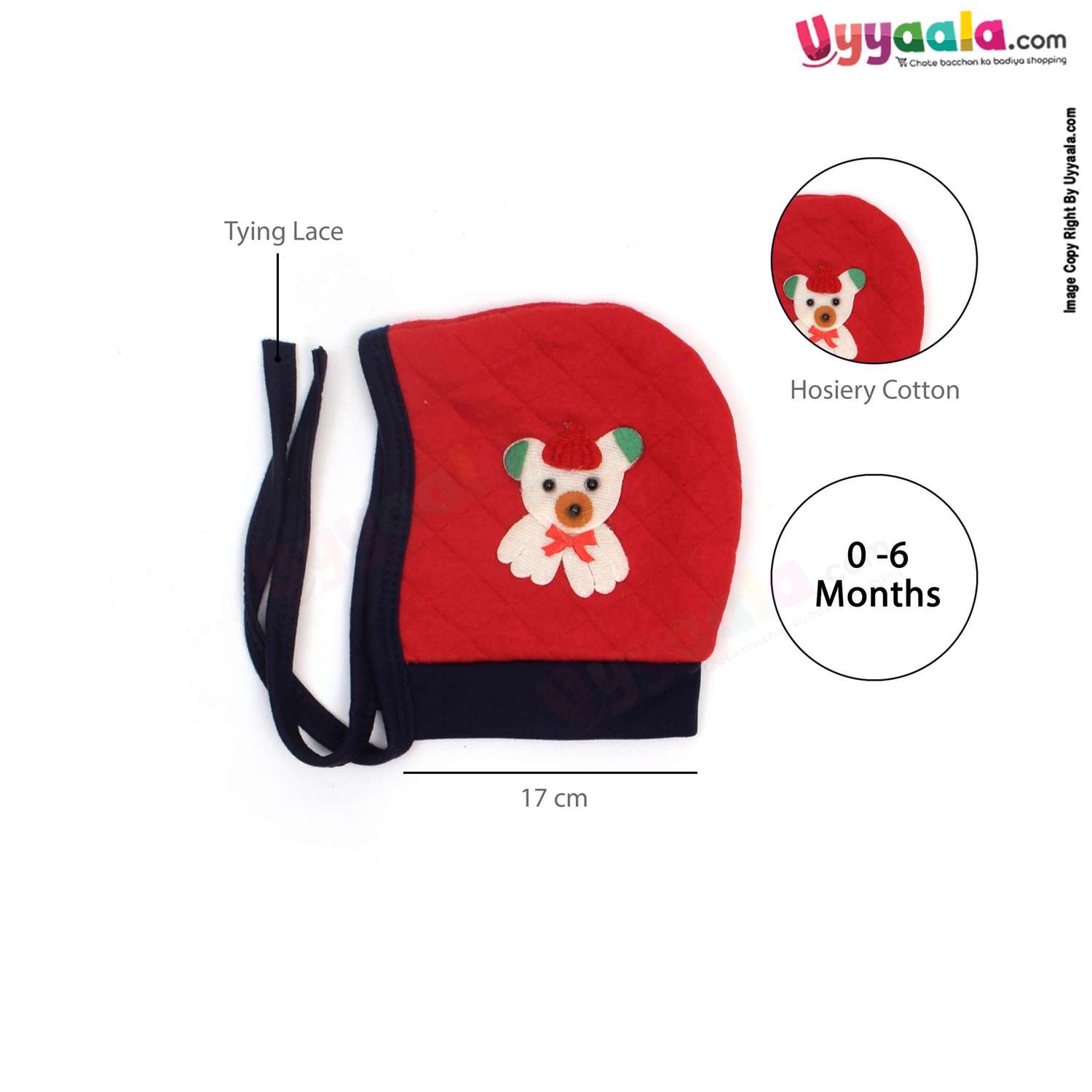 Tying Soft Hosiery Cotton Caps for Babies with Teddy Bear, Rabbit Patch Pack of 2, 0-6m age- Red & Navy Blue
