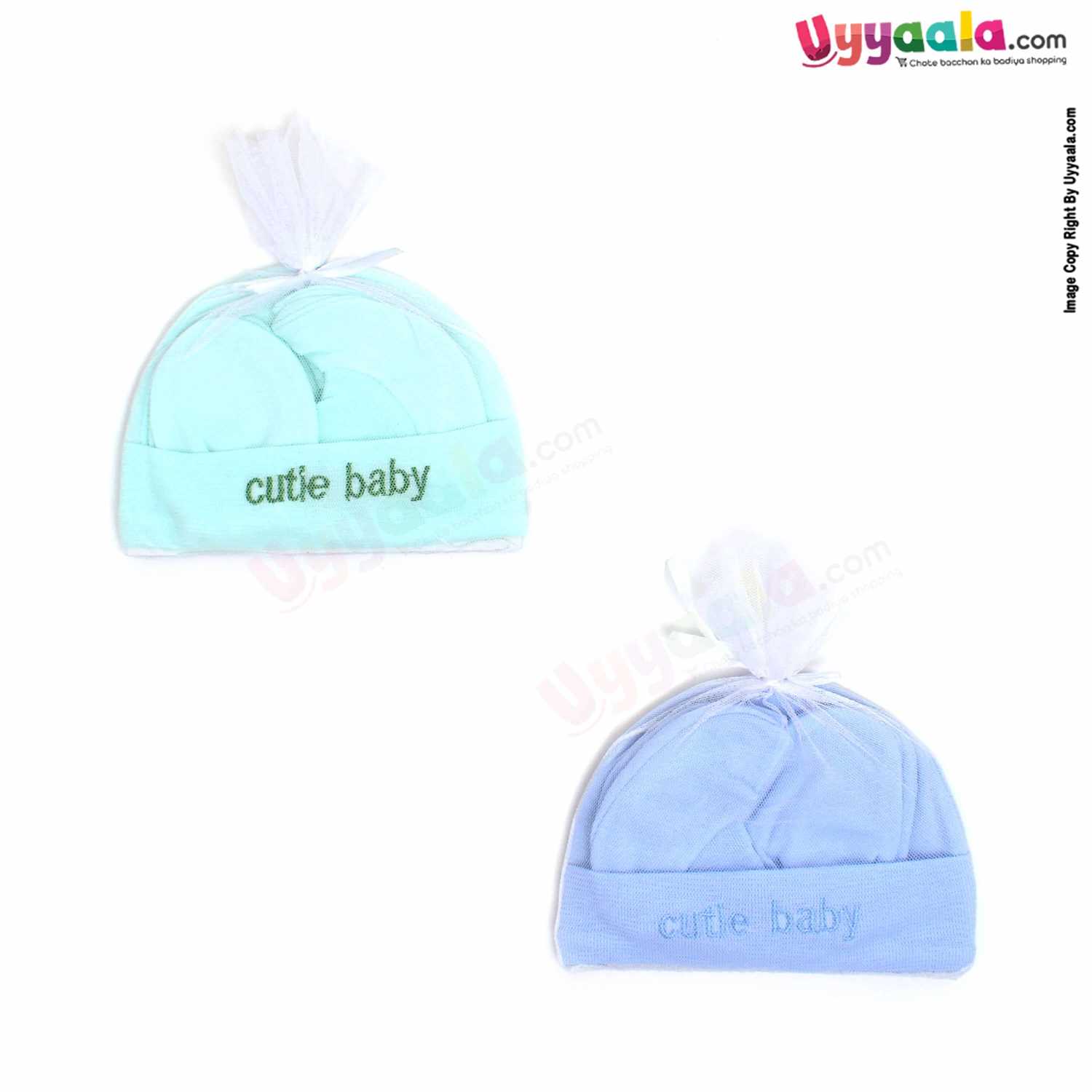 MONTALY Premium Quality Soft Hosiery Cotton Mitten, Booty & Cap Set for Babies Pack of 2 ,0-3m Age- Green & Blue