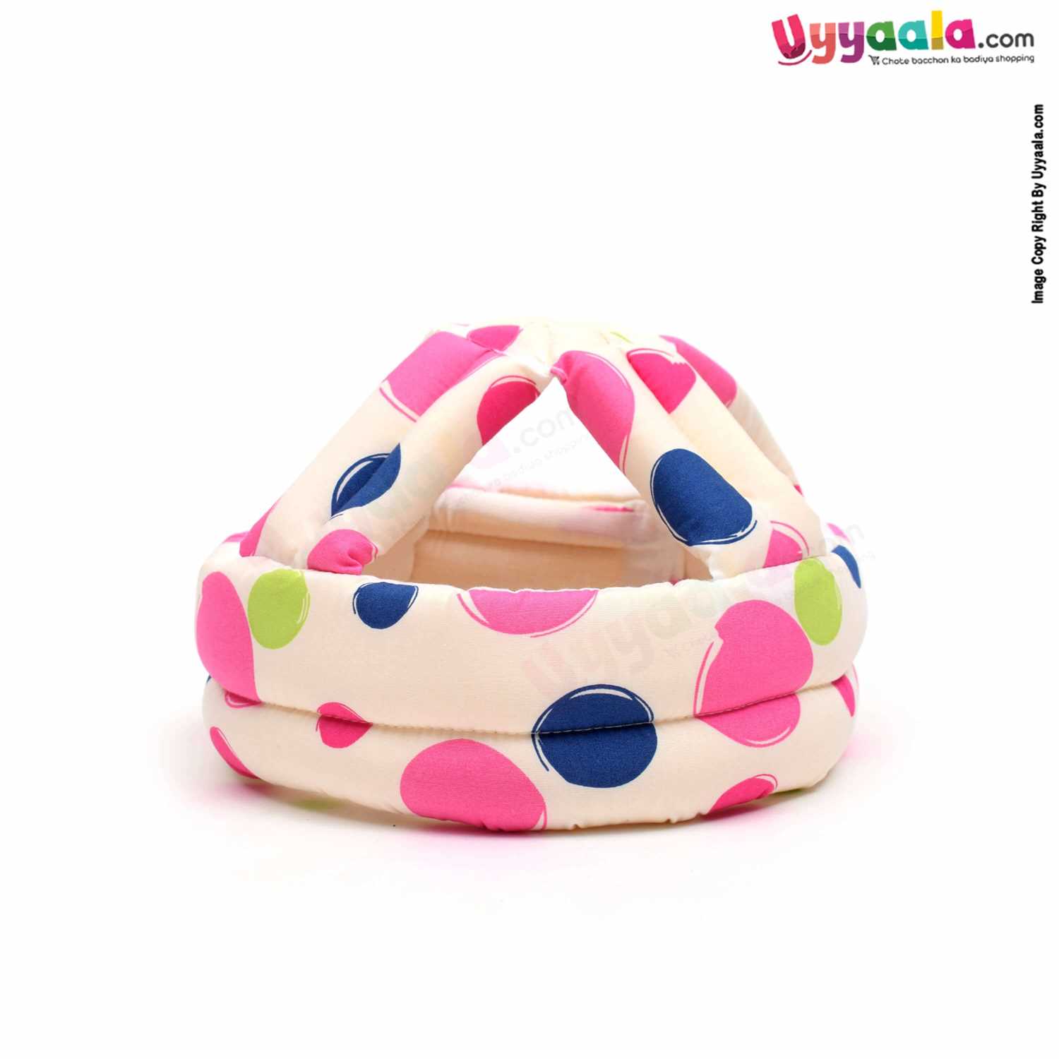 Baby Safety Helmet for Bump Free Protection with 100% Cotton , Colorful Dots Print, 12-36m Age- Cream