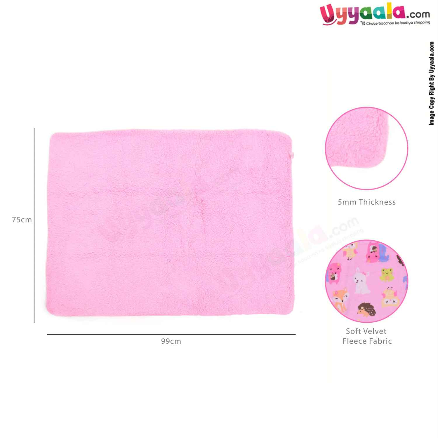 Double Layered Blanket One Side Fur & Other Side Velvet with Animals Print 0-24m Age, Size (99*75cm)- Pink