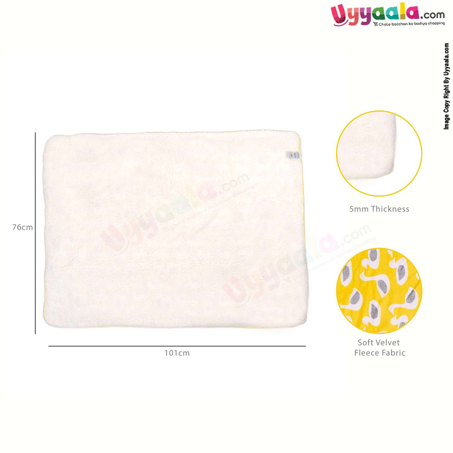 Double Layered Blanket One Side Fur & Other Side Velvet, with Swan Print 0-24m Age, Size(101*76cm) - Yellow