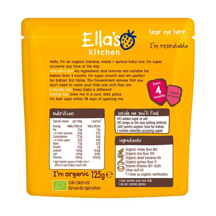 Ella's Kitchen Organic Banana Multigrain Baby Rice Porridge For Babies - 125g 4m+