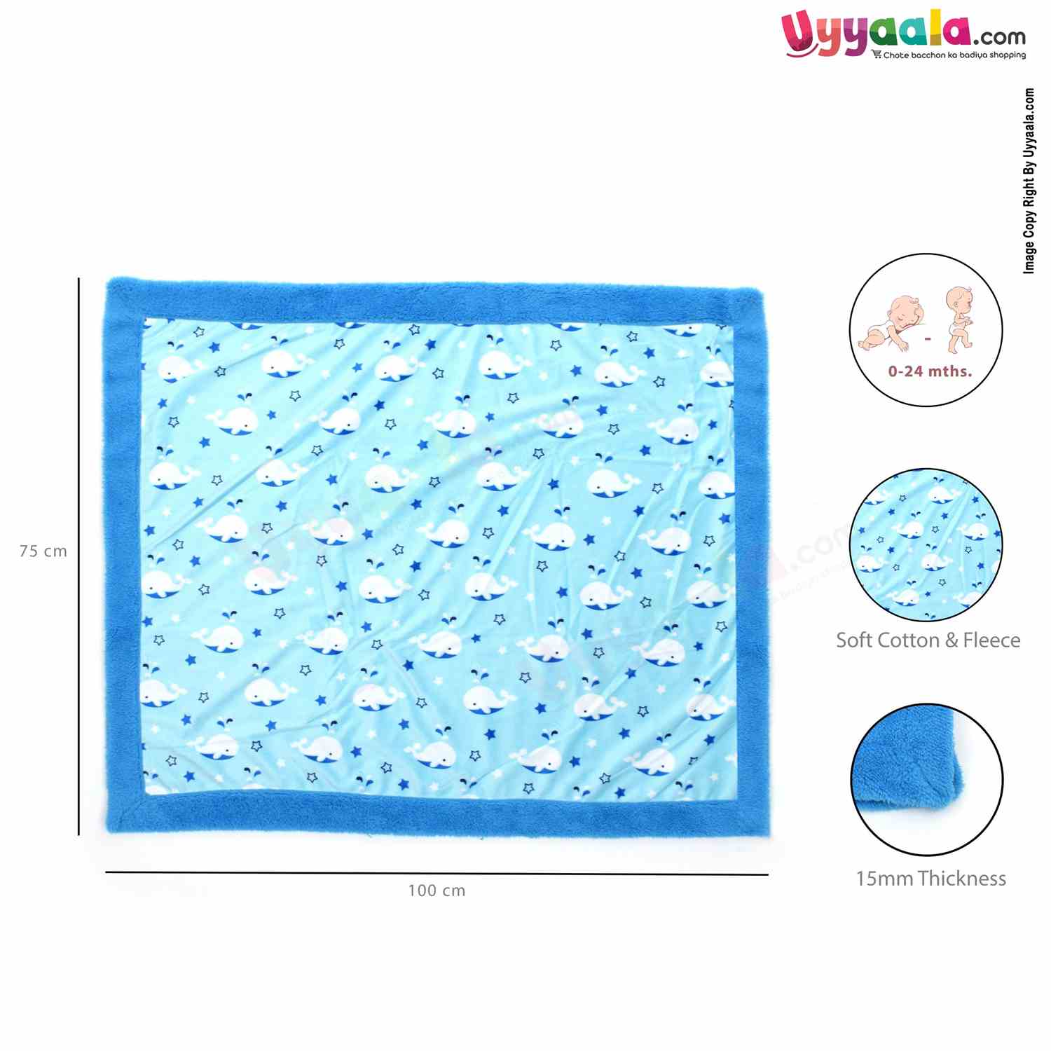 For Baby One Side Fur Blanket Dolphin Print 0-24m Age, Blue