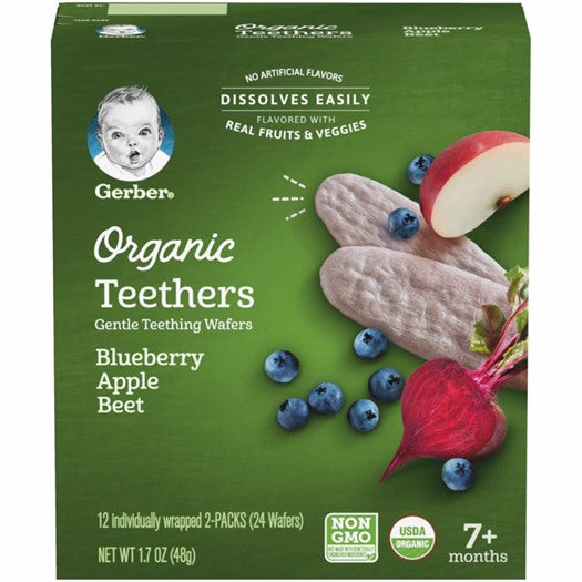 GERBER Organic Gentle teething wafers for babies, Blueberry, Apple and Beet- 48g, 7 months +