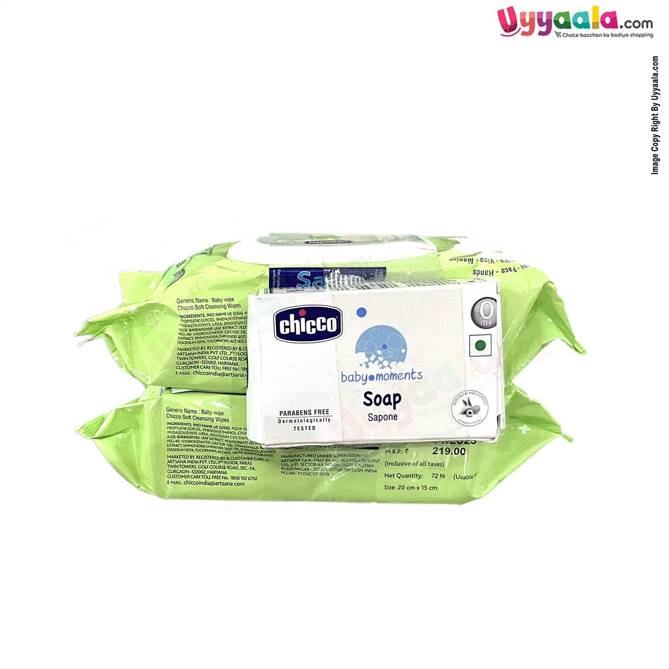 CHICCO Soft Cleansing Wipes, Pack of 2- 72 pcs each with 75g Soap Free