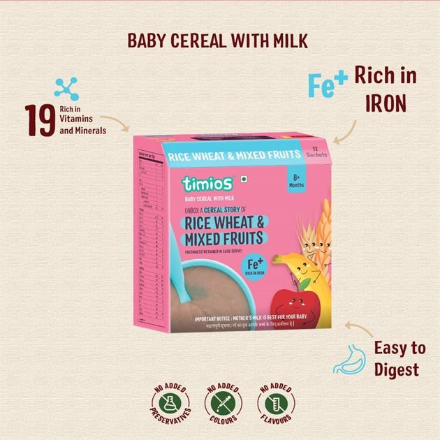 TIMIOS Organic Rice Wheat Mixed Fruit Baby Cereal - 8 -12months