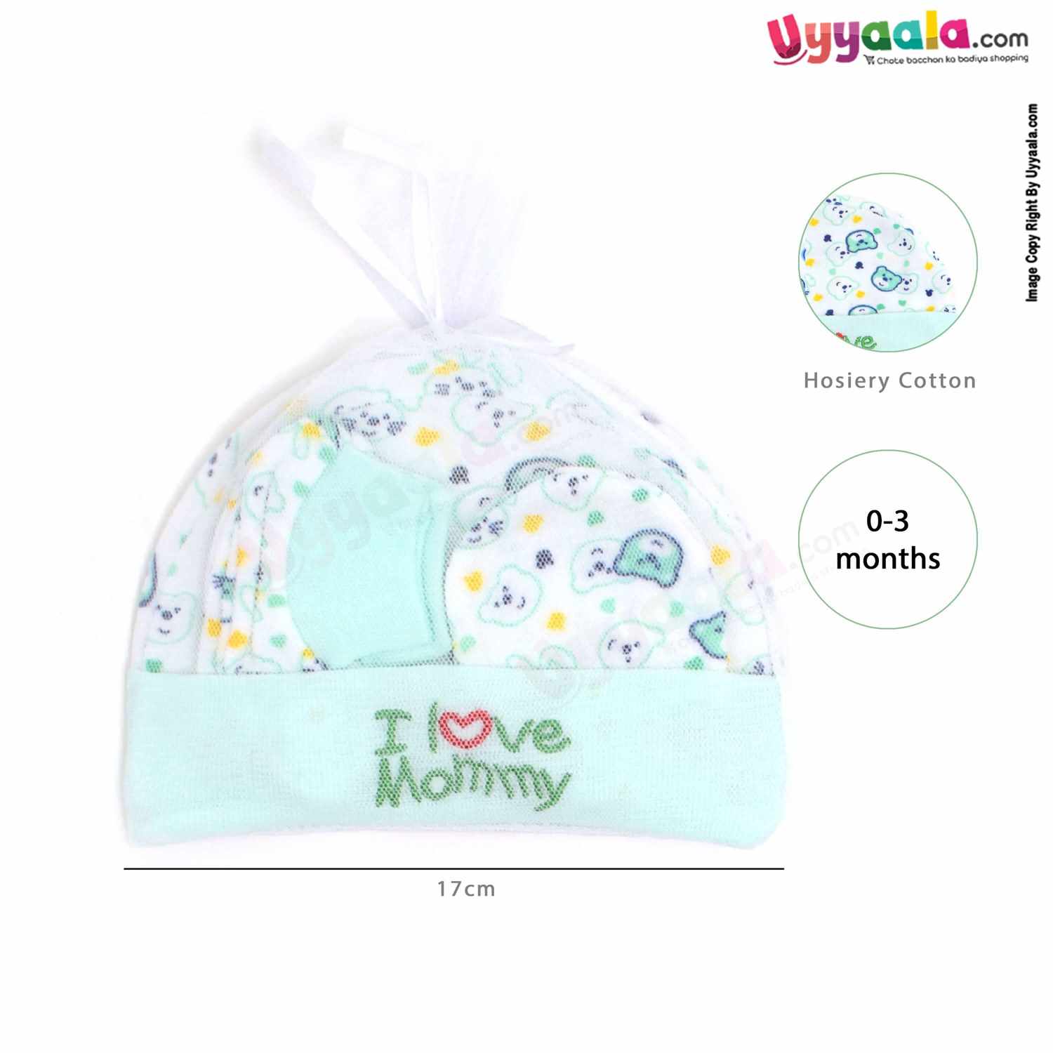 MONTALY Premium Quality Soft Hosiery Cotton Mitten, Booty & Cap Set for Babies with Bear Print Pack of 2 ,0-3m Age- Green & Pink
