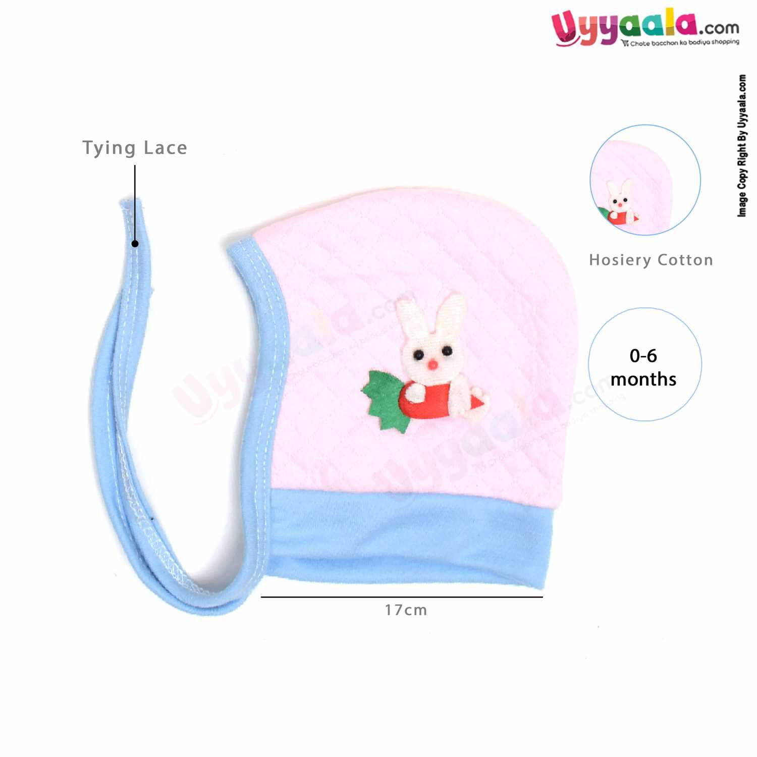 Side Tying Soft Hosiery Cotton Caps for Babies with Teddy Bear, Rabbit Patch Pack of 2, 0-6m age- Navy Blue & Pink