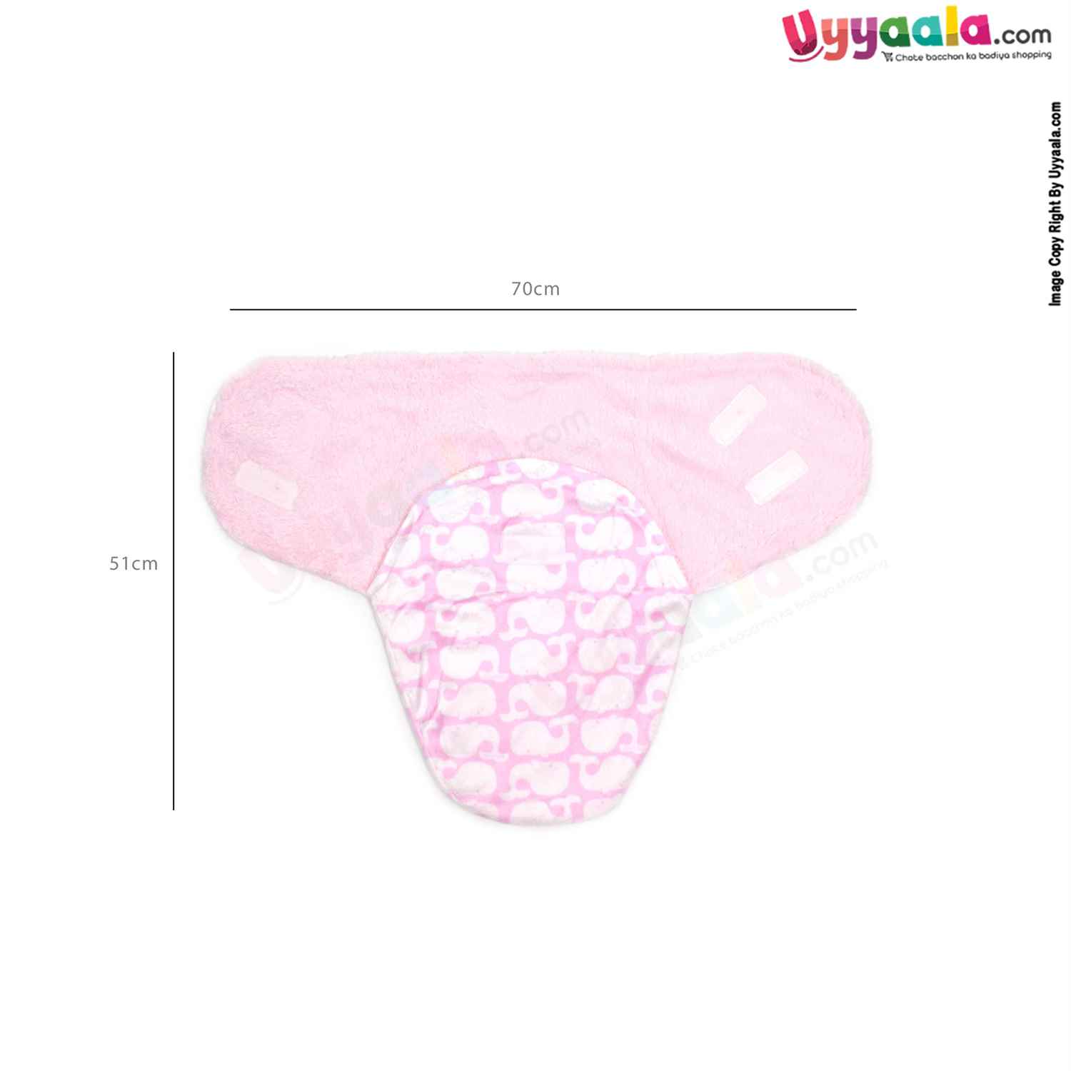 Double Layered Swaddle Wrapper One Side Fur & Another Side Velvet with Whales Print for Babies 0+m Age, Size(70*51cm) Light Pink