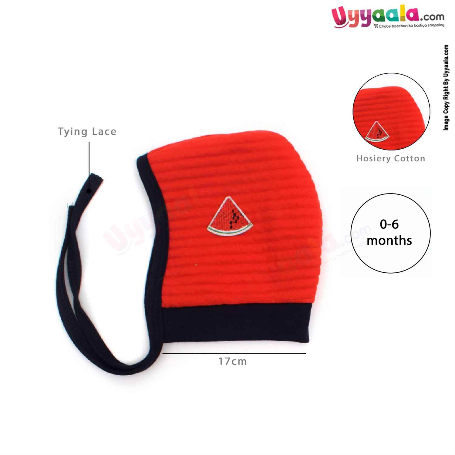 Side Tying Soft Hosiery Cotton Caps for Babies with Apple, Watermelon Patch Pack of 2, 0-6m age- Light Green & Red