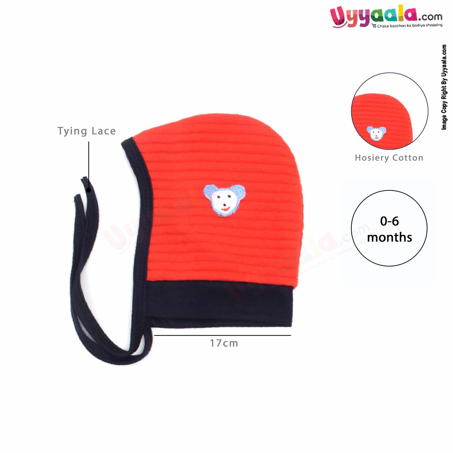 Side Tying Soft Hosiery Cotton Caps for Babies with Bear, Apple Patch Pack of 2, 0-6m age- Red & Cream