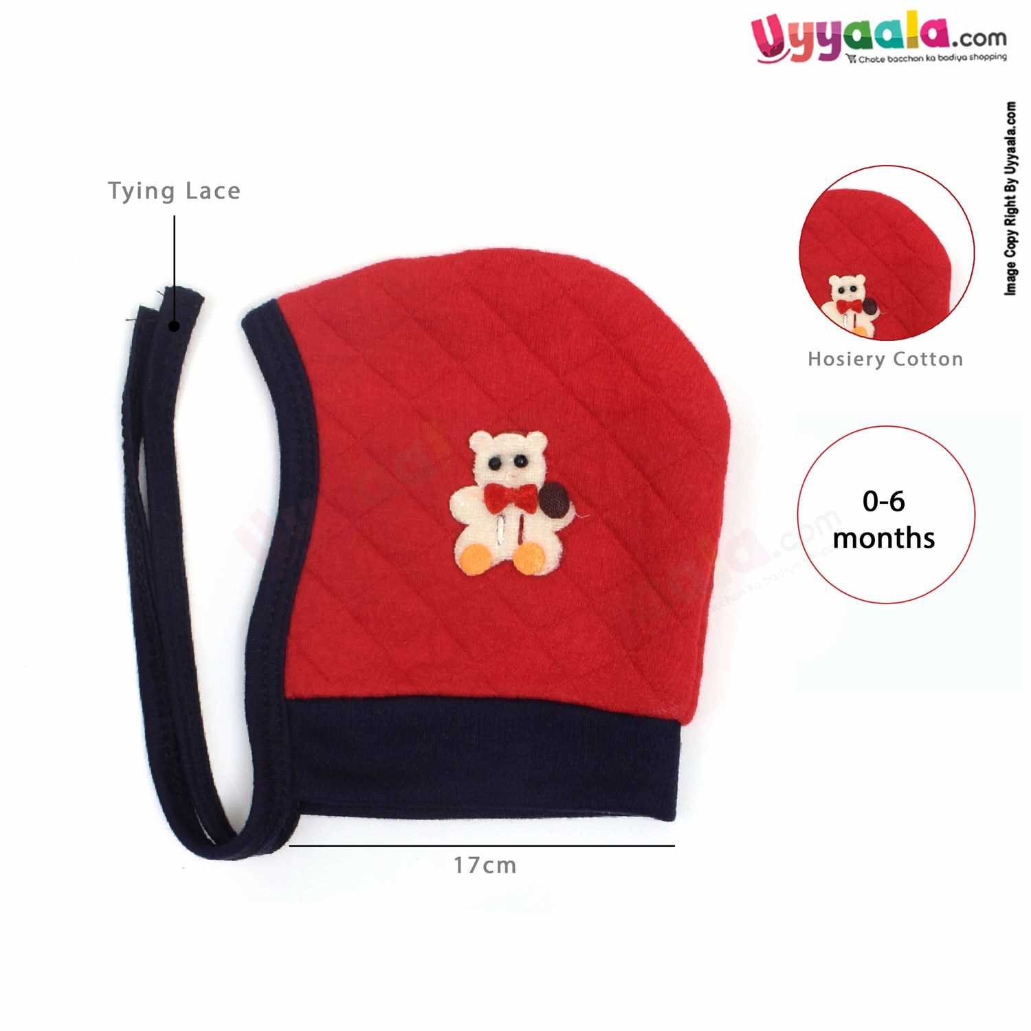 Side Tying Soft Hosiery Cotton Caps for Babies with Teddy Bear Patch Pack of 2, 0-6m age- Red & Sky Blue