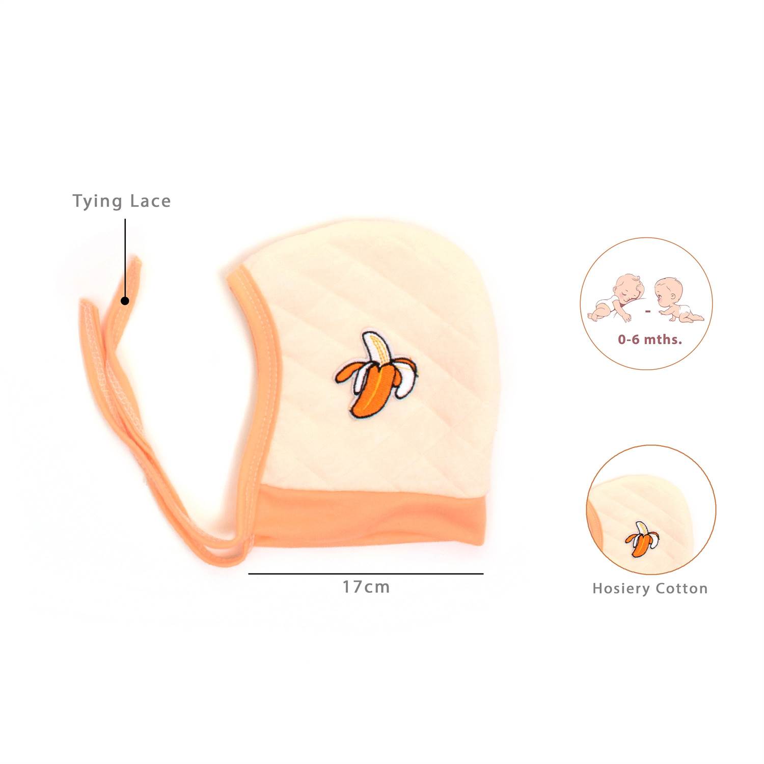 Side Tying Soft Hosiery Cotton Caps for Babies with Banana, Strawberry Patch Pack of 2, 0-6m age- Cream & Sky Blue