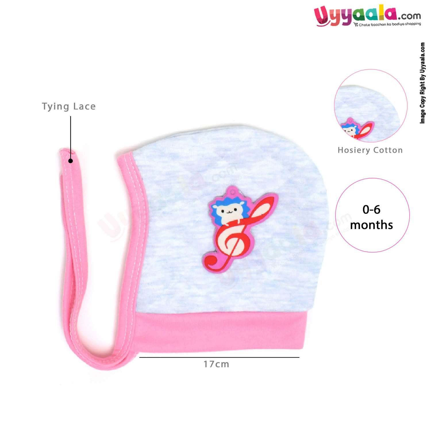 Side Tying Soft Hosiery Cotton Caps for Babies with Teddy Bear & Musical Note Patch Pack of 2, 0-6m age- Pink & Sky Blue