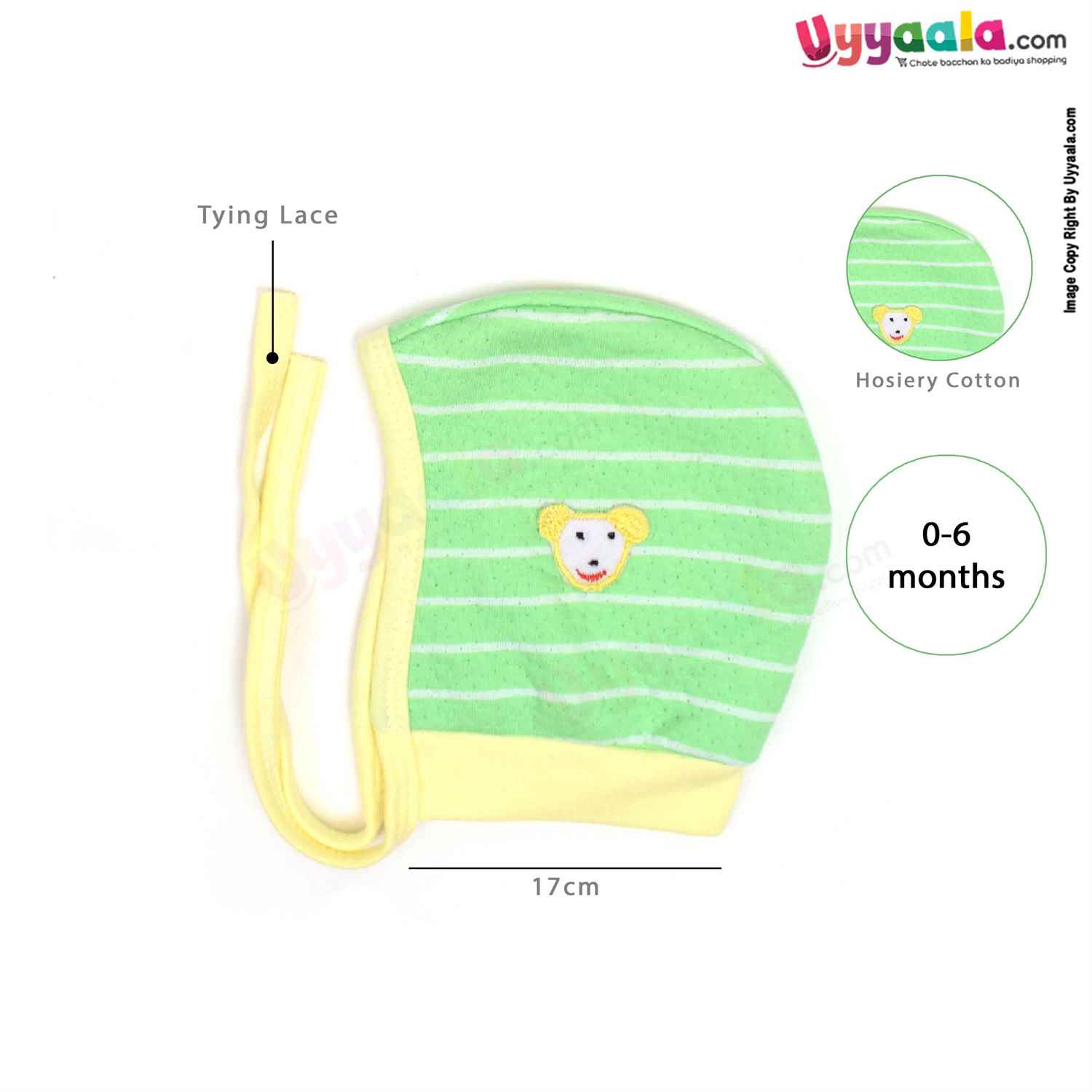 Side Tying Soft Hosiery Cotton Caps for Babies with Banana, Bear Patch Pack of 2,0-6m Age - Red & Green