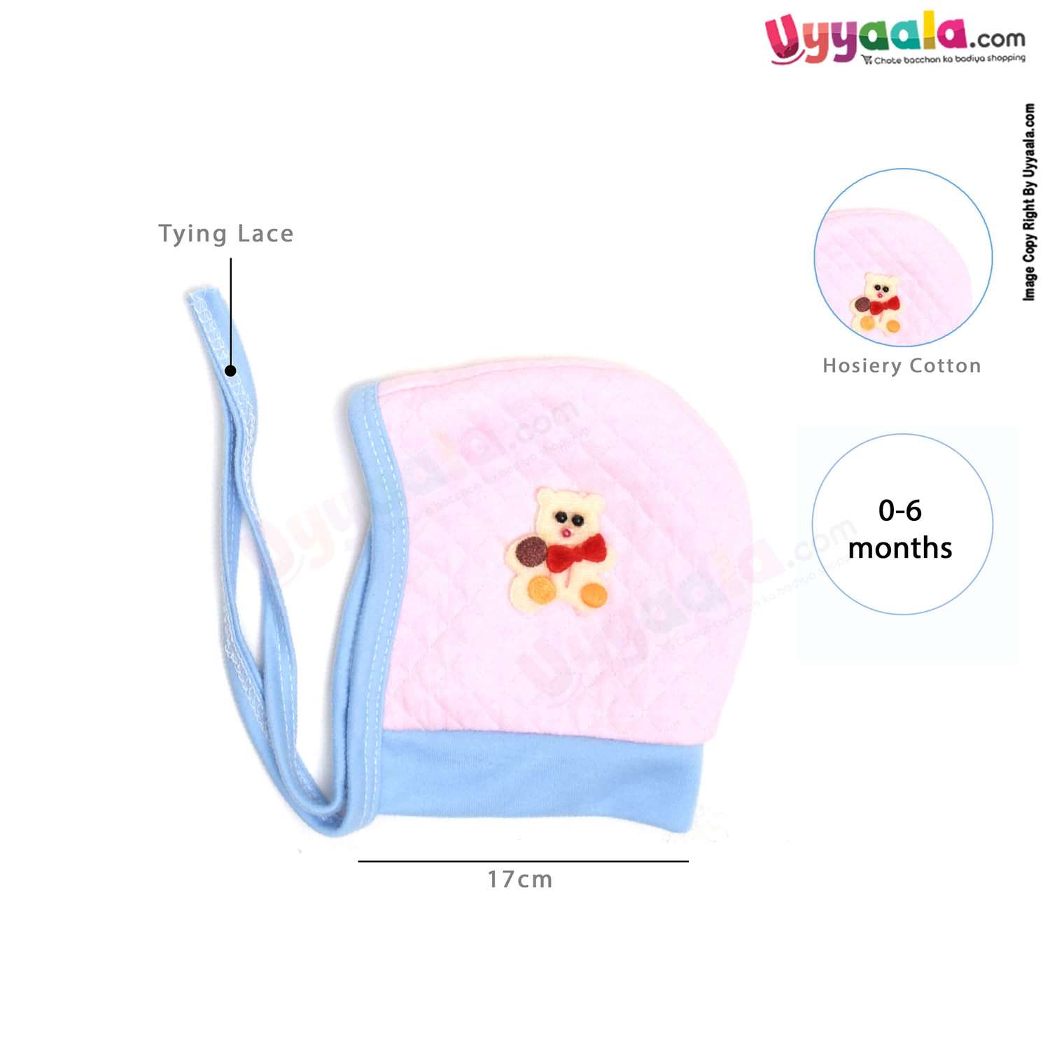Side Tying Soft Hosiery Cotton Caps for Babies with Teddy Bear, Rabbit Patch Pack of 2, 0-6m age- Pink & Red