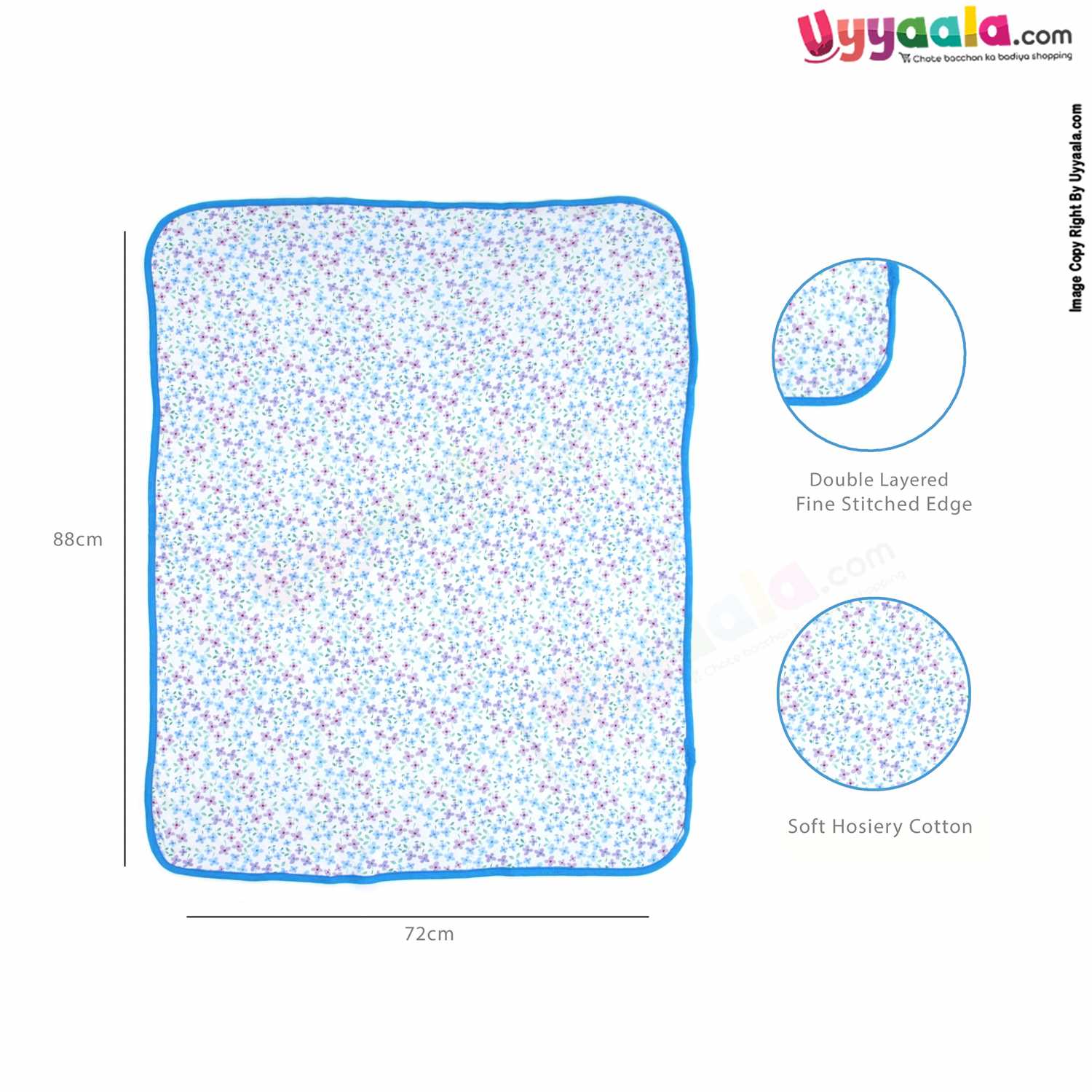 PRECIOUS ONE Baby Hooded Towel Premium Double Layered ,100% Cotton Hosiery with Floral Print 0+m Age, Size (88*72)- White & Blue