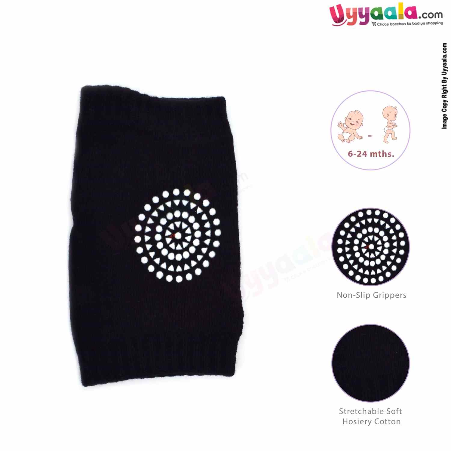 FOR BABY Hosiery Cotton Stretchable Knee Protection Pads with Grip for Crawling Babies Pack of 1 Pair , 6m-2YAge - Black