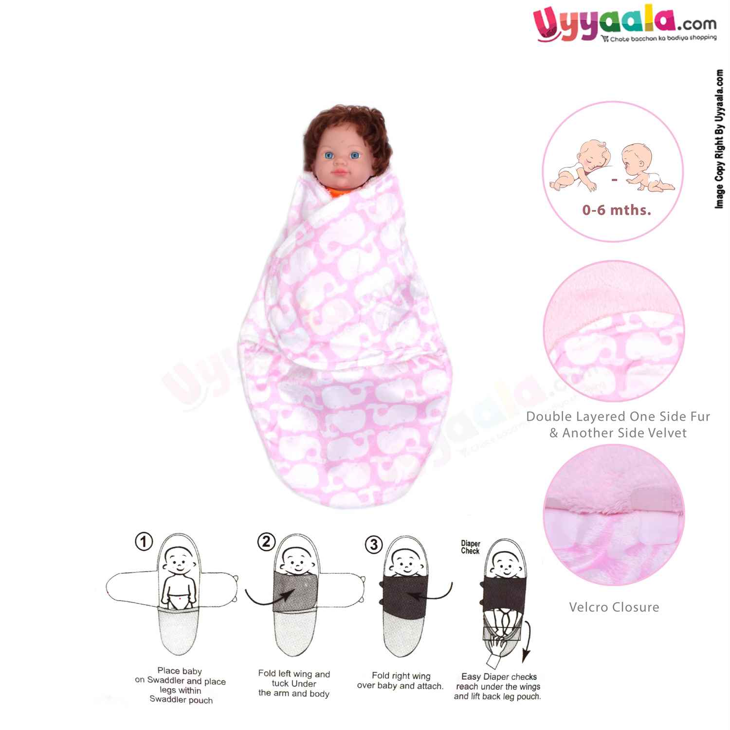 Double Layered Swaddle Wrapper One Side Fur & Another Side Velvet with Whales Print for Babies 0+m Age, Size(70*51cm) Light Pink