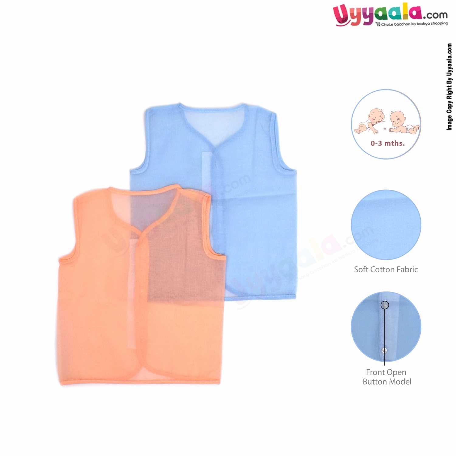 SNUG UP Sleeveless Baby Jabla Set, Front Opening Button Model, Premium Quality Cotton Baby Wear, (0-3M), 2Pack - Orange & Blue